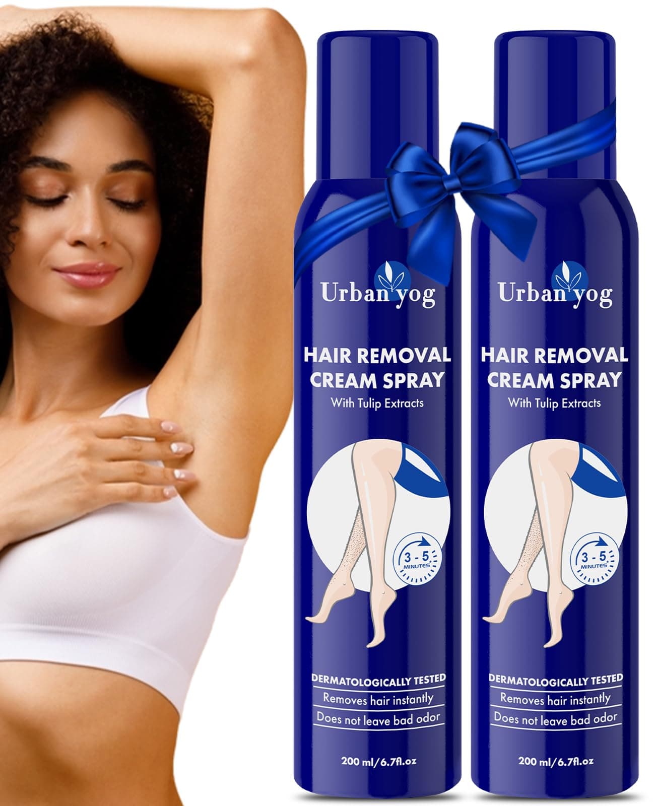 Urban yog Hair Removal Cream Spray for Women | Painless Body Hair Removal Spray for legs, hands, underarm & back (200 ml (pack of 2), Tulip (Blue))