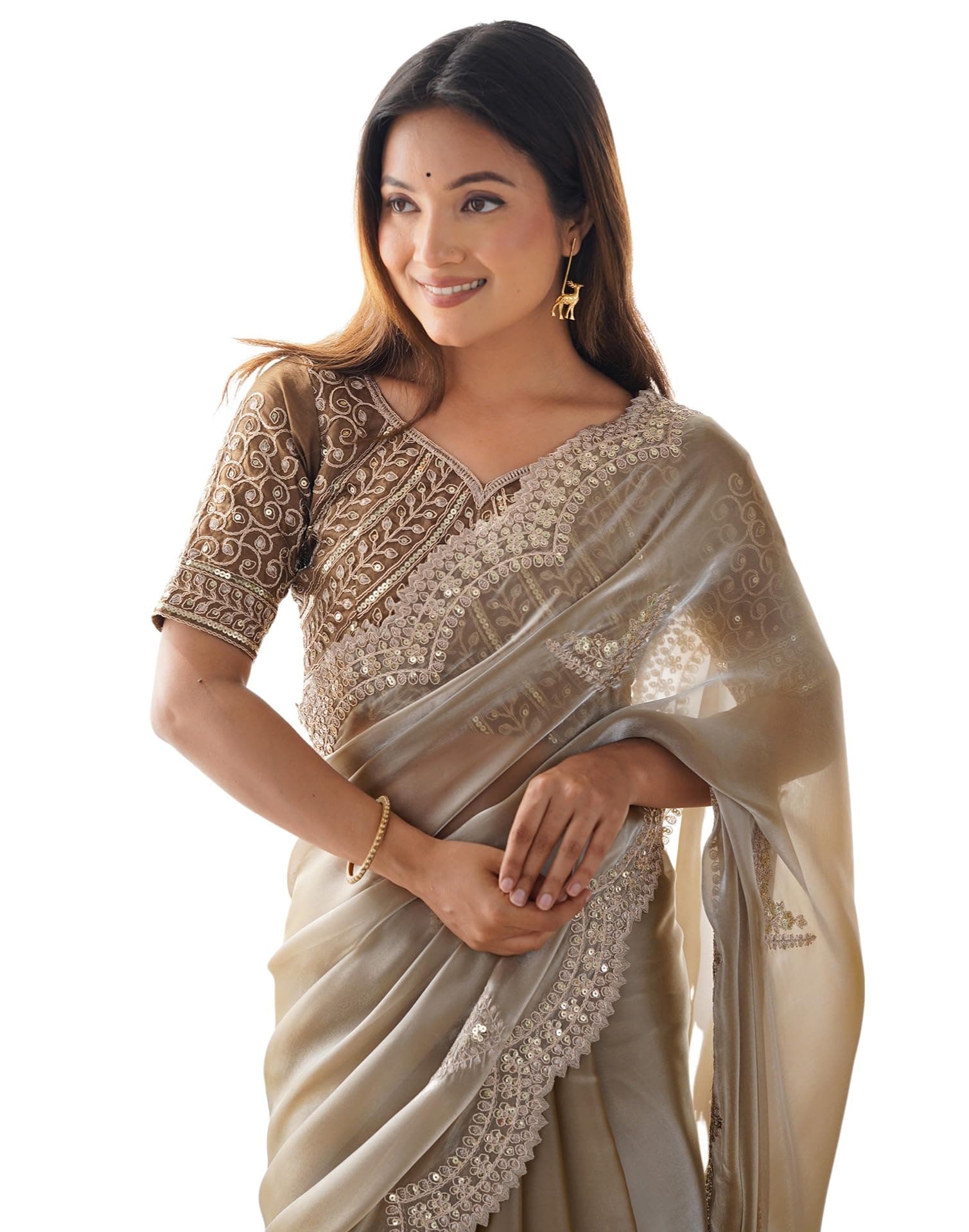 SIRIL Women's Organza Sequins Embroidery Scollped Border Saree With Unstitched Blouse Piece