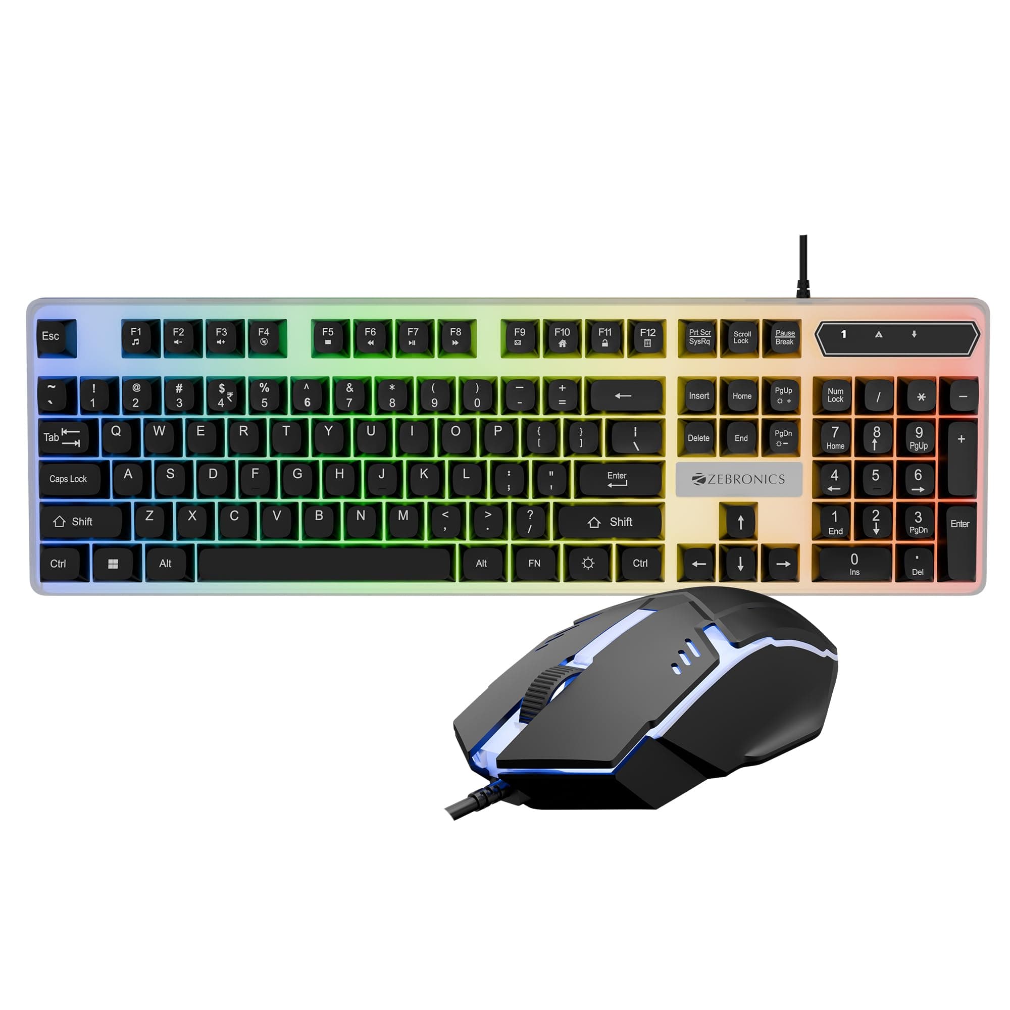 Zebronics Wired Keyboard & Mouse Combo, 104-Key, 1200 DPI, ₹ Key & Multimedia Controls, Ergonomic Mouse, 1.3m Cable, Multicolor LED (War 2, White + Black)