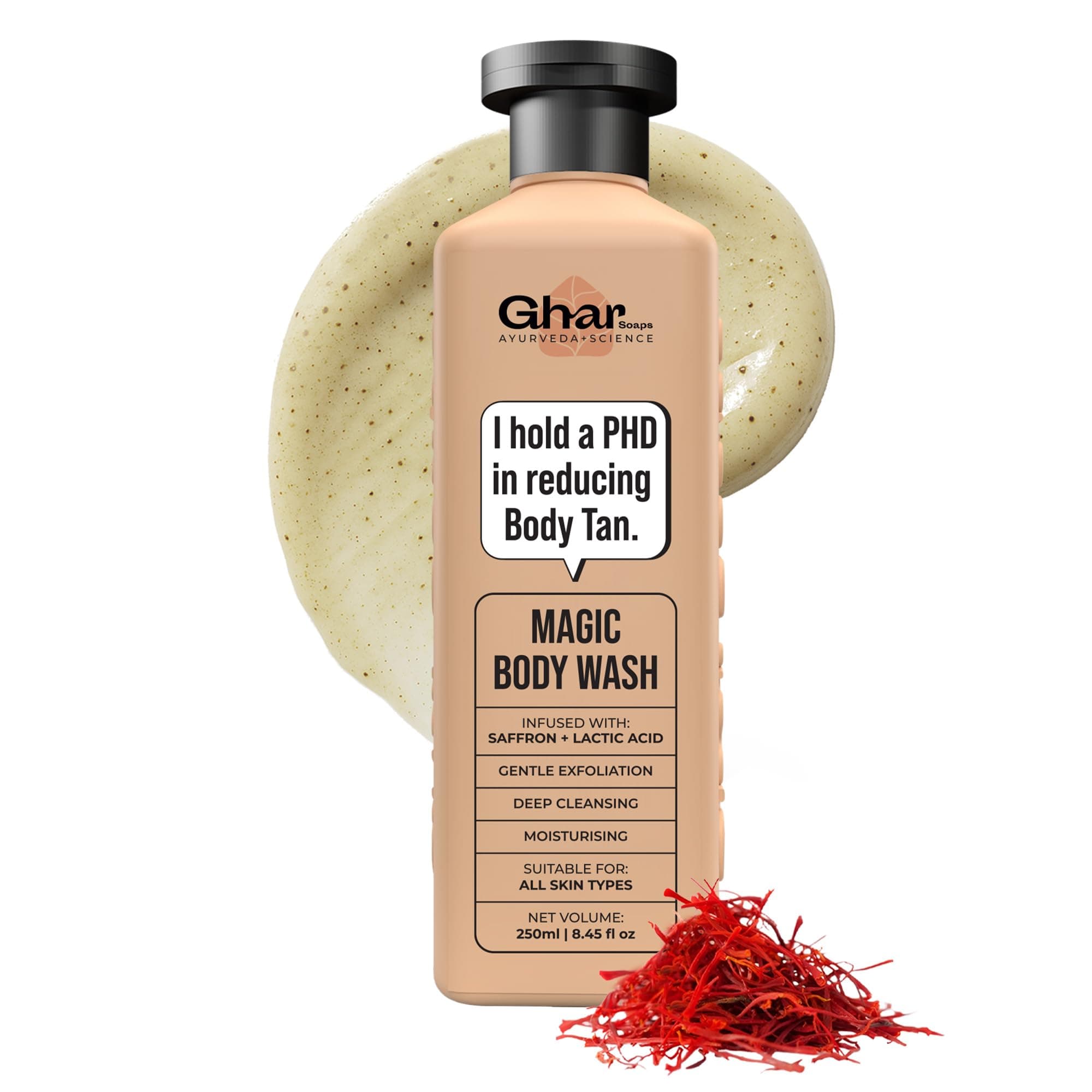 Ghar Soaps Magic De-Tan body wash for tan removal 250ml | Exfoliating with Saffron, Lactic Acid & Niacinamide | Detan body wash | Removes Tan & Evens Skin Tone | Paraben & SLS Free