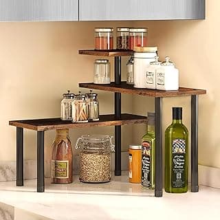 ABJA Stylish Wooden Rack for Kitchen Storage, Corner Shelf for Kitchen, Organizer Rack, 3 Tier Spice, Oil Stand, Tabletop Adjustable Rack for Makeup, Office (Rustic Brown, 3 Tier Lite)