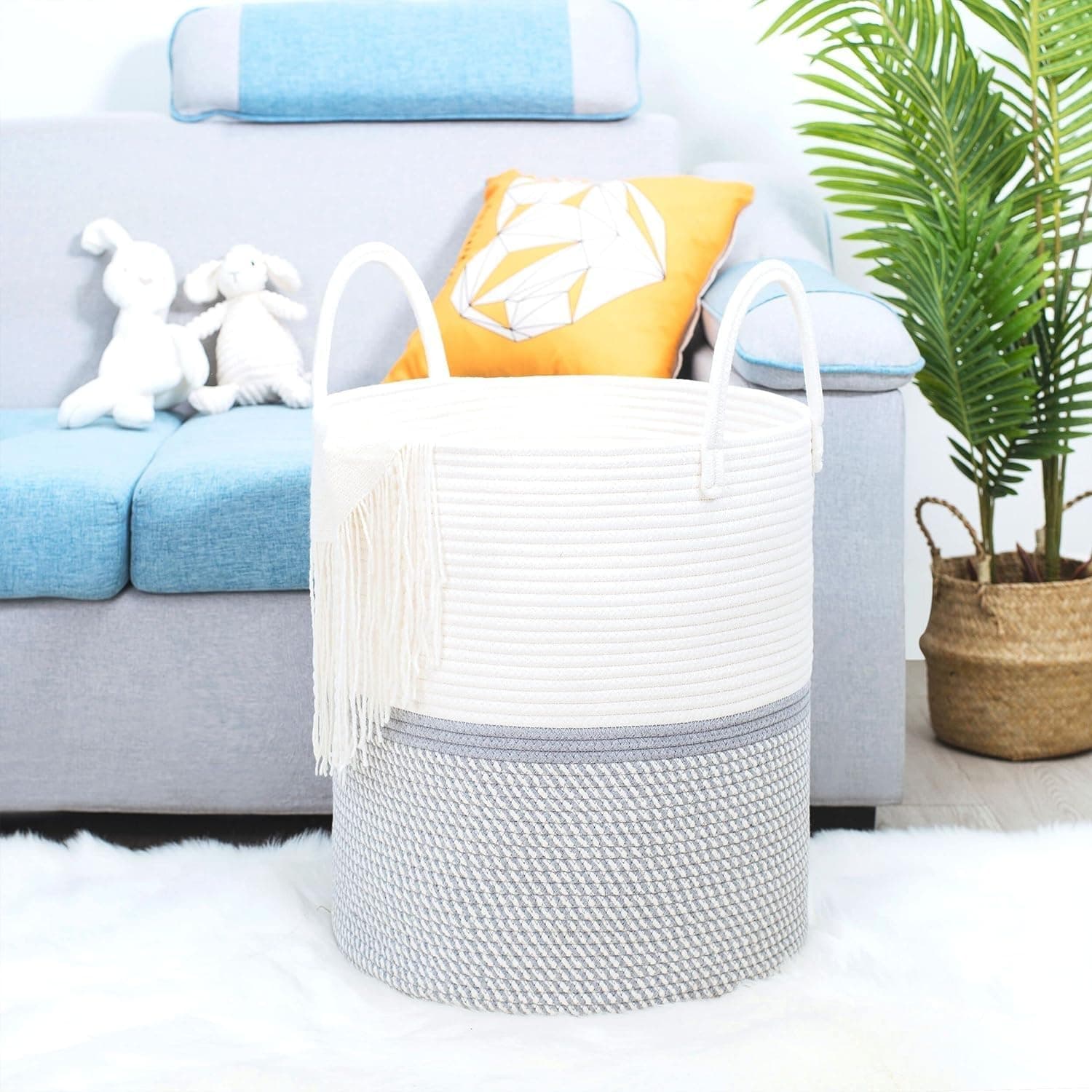 ELIZA KRAFTS Laundry Basket for Clothes | Cotton Rope Laundry Hamper with Handles | Foldable Woven Storage Basket for Bedroom & Living Room | Clothes, Toys & Blanket Organizer | 33 x 33 x 38 cm