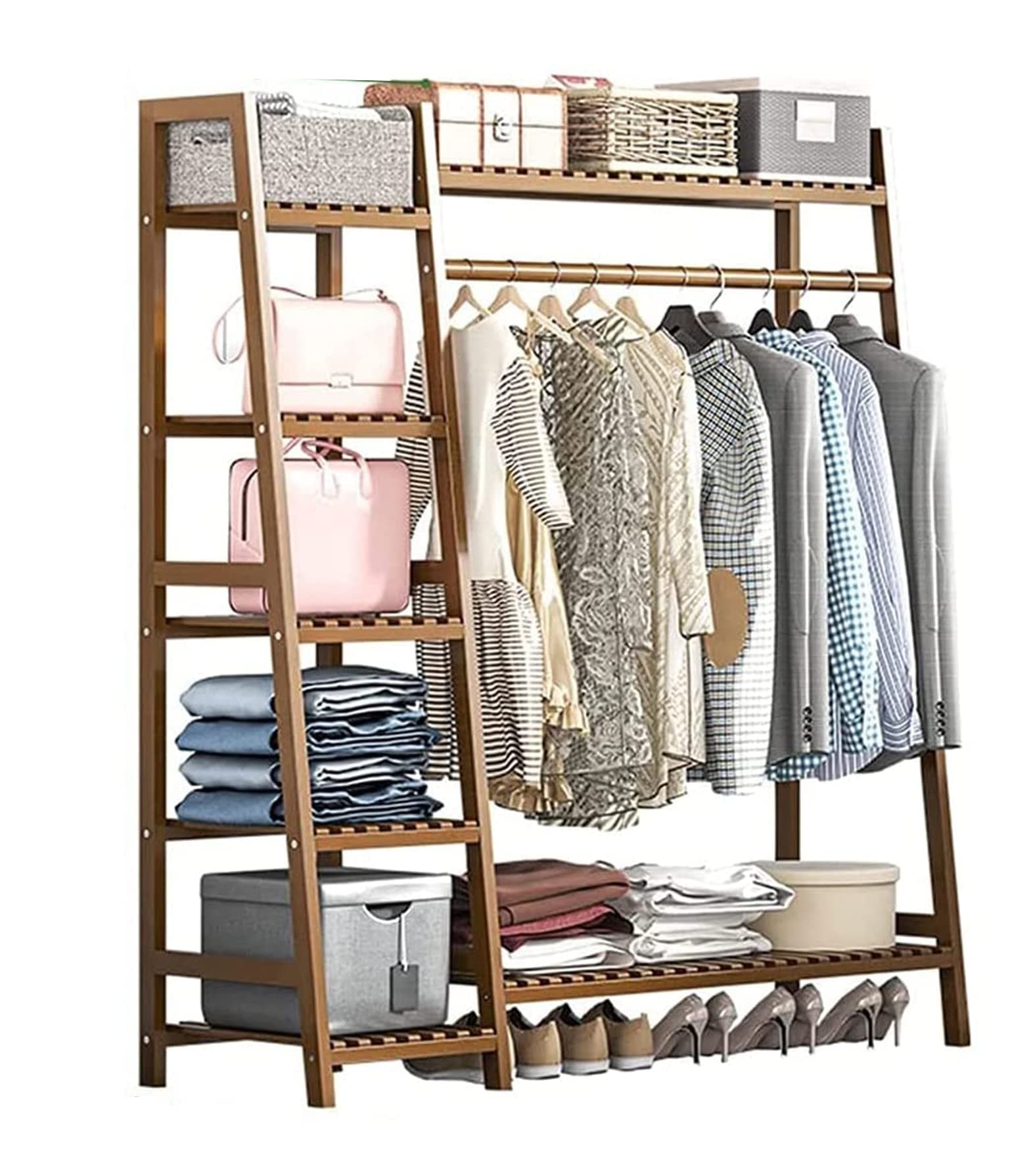 House of Quirk Bamboo Wood Garment Clothing Rack with 5 Tiers Storage Shelf Corner Hanging Rack (130x40x140cm, Tan)