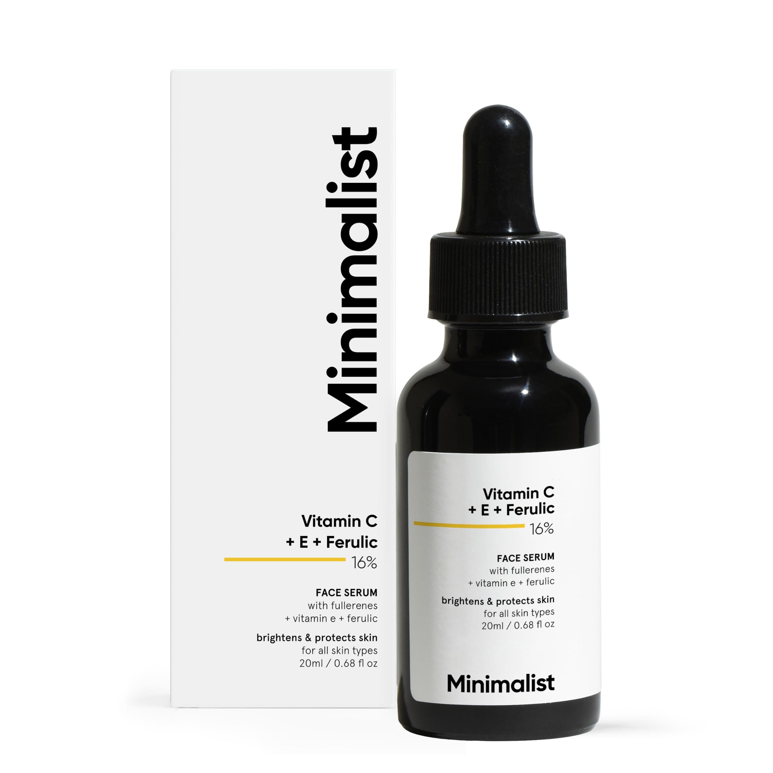 Minimalist 16% Vitamin C Face Serum – Brightening & Glow-Boosting Formula with Vitamin E, Ferulic Acid & Fullerenes, Antioxidant Boost for Radiant Skin (20 ml)