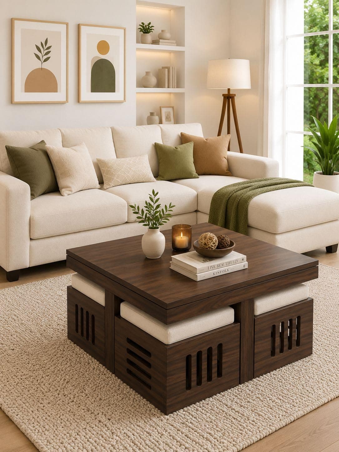 AASALIYA Art Solid Sheesham Wood Coffee Table with 4 Stool | Square Centre Table with Stool | Center Table with 4 Stools for Living Room | Patio Table with 4 Puffy for Home | Rosewood, Dark Walnut