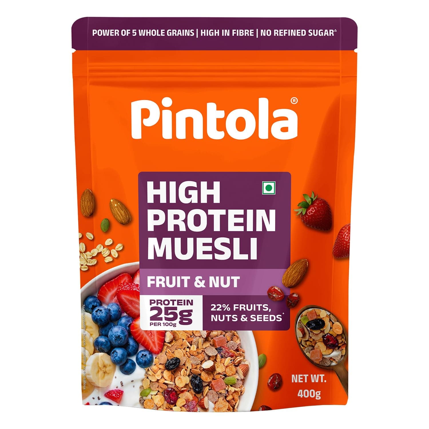 Pintola 25g High Protein Muesli, Fruit & Nut, 400g | Gluten-Free, Naturally Sweetened with Organic Jaggery & Dates, 22% Fruits, Nuts & Seeds, No Refined Sugar, Healthy Breakfast Cereal