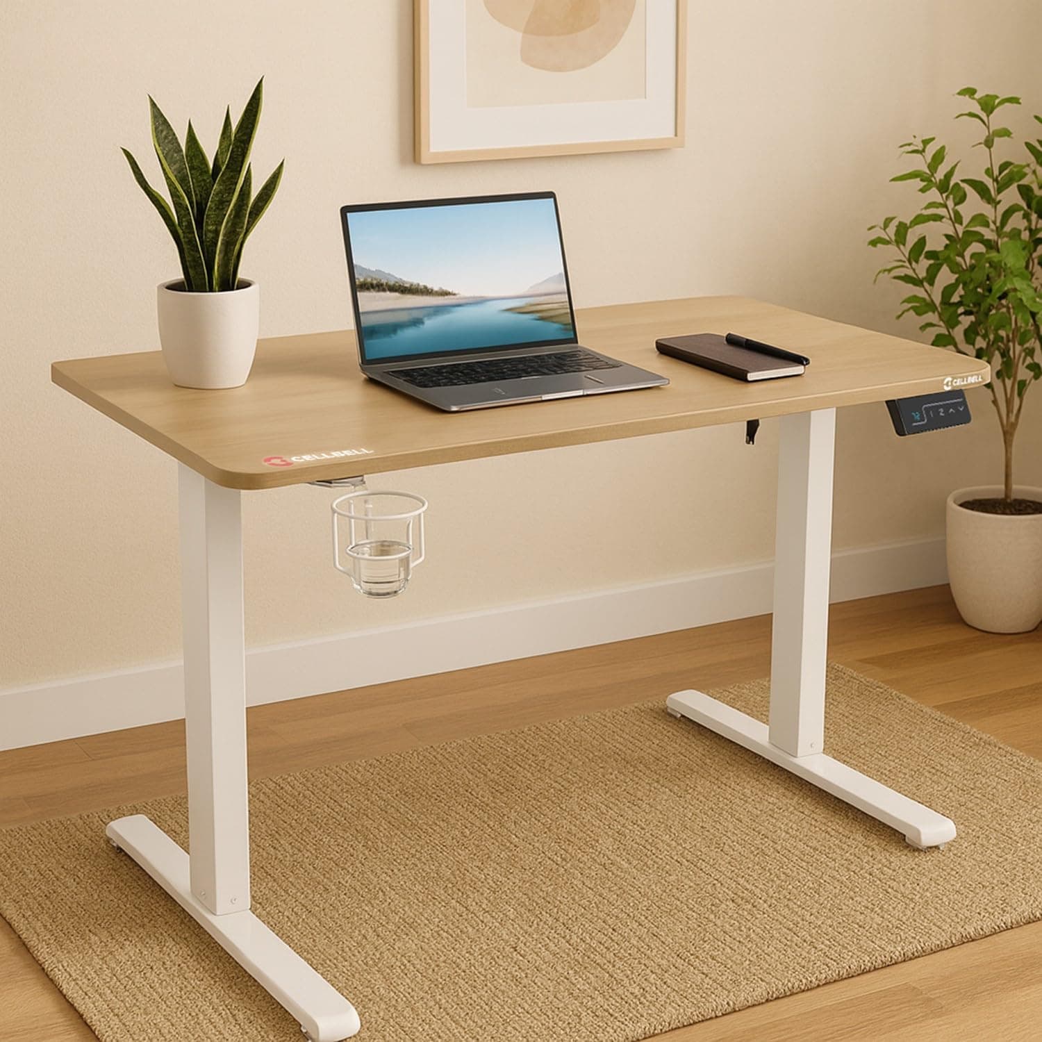 CELLBELL Ergolift Height Adjustable Table for Office Work | Everyday Ergonomic Desk with One Piece Top | Advance Memory Preset | Pre Installation Provided | 3 Year Warranty | (Wooden White)
