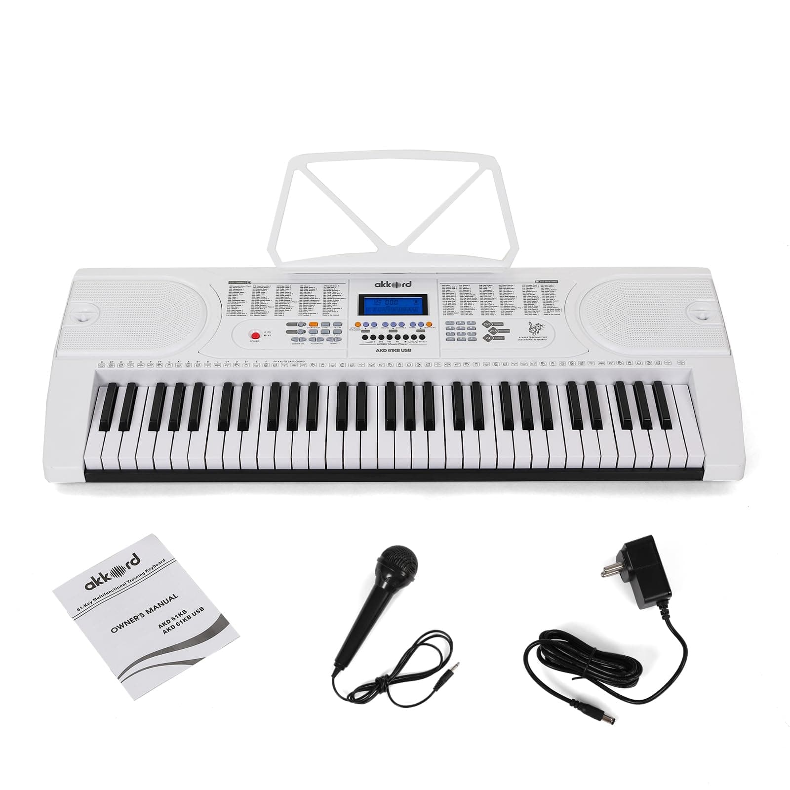 Akkord 61-Key Octave Electronic Keyboard with adapter- LCD Display| USB Input| Mic |Music Sheet Stand | 255 Rhythms | 255 Timbres | 24 Demos | White