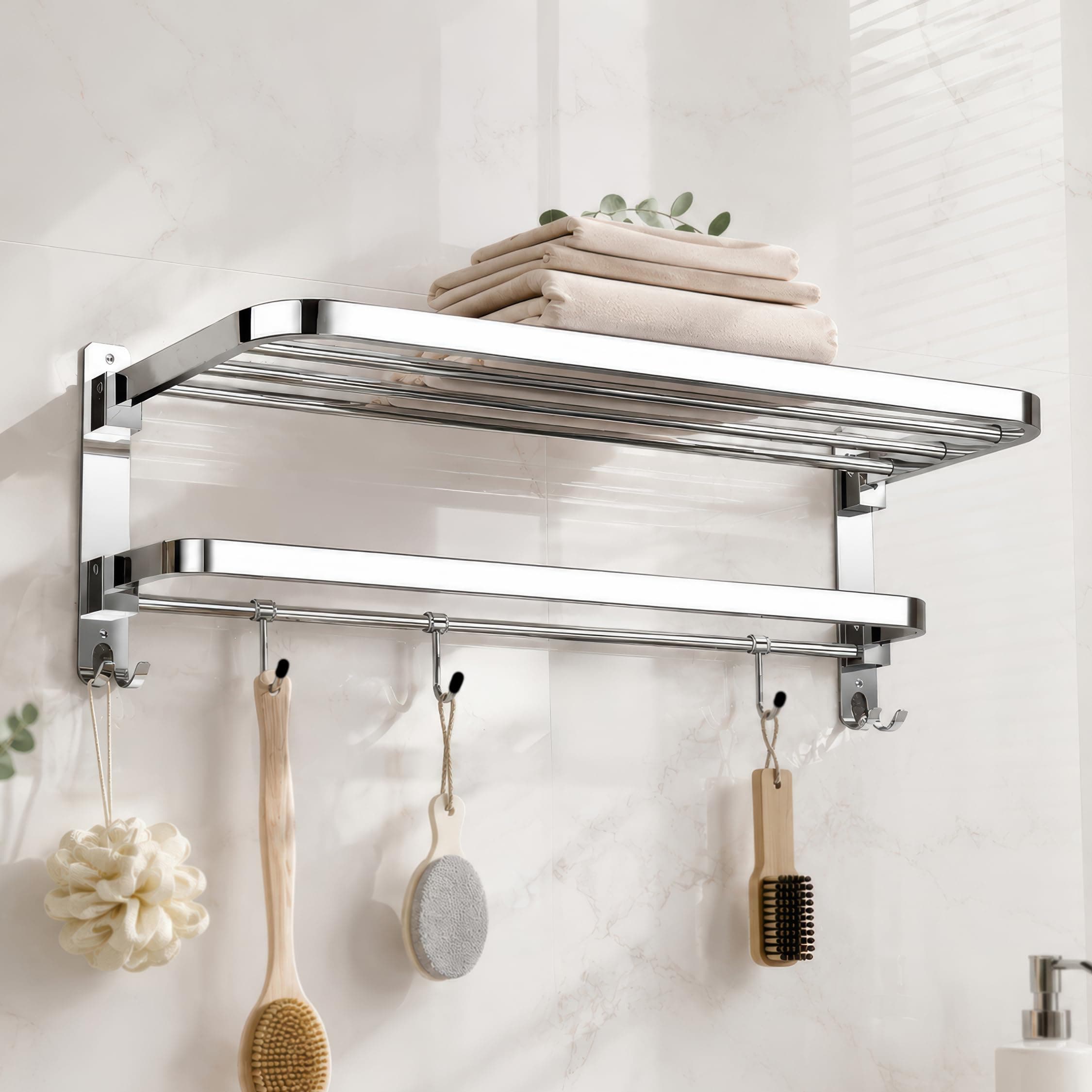 Amazon Basics 1.5 KG Heavy Stainless Steel Folding Towel Holder in Bathroom, 24 Inch Wall Mounted Towel Rack with Hooks, Foldable Rustproof Towel Hanger,Space Saving Towel Holder, Chrome Finish