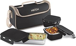 MILTON Lush Lunch Box I 1 Stainless Steel Container + 2 Microwave Safe - Cool Touch Body SS Container I BPA Free I Stylish Durable Jacket I Ideal for Office, School, Outdoor, Picnic, Black