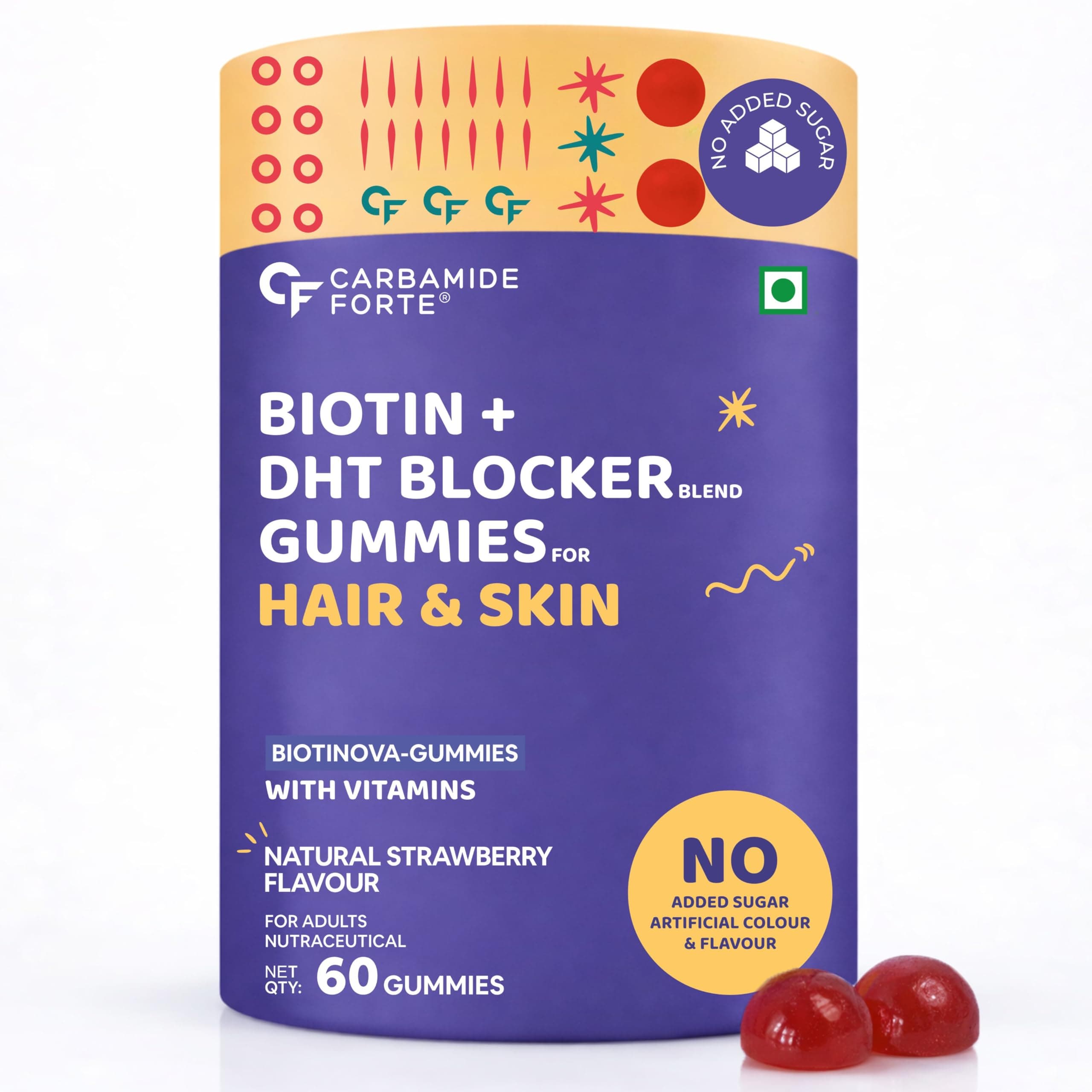 Carbamide Forte Hair Gummies with Biotin & DHT Blockers | Biotin Gummies for Hair Growth | Hair Supplement for Women & Men | Strawberry Flavour with No Added Sugar | 60 Gummies