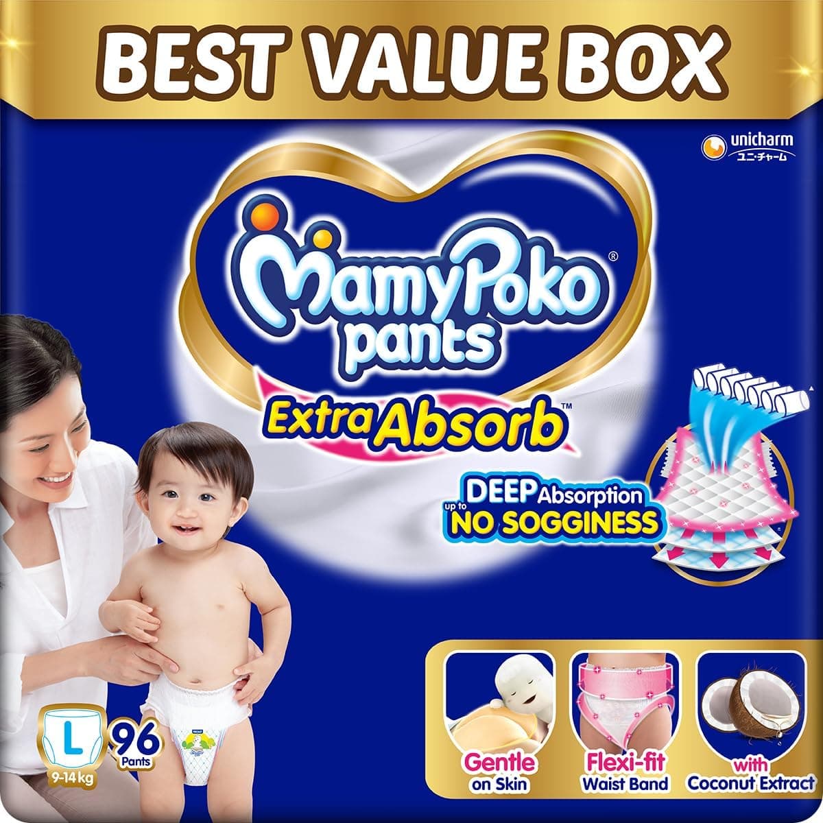 MamyPoko Pants Extra Absorb Baby Diapers, Large (L size) | 9-14 kg | 96 Count |Deep Sleep Diapers| Soft gentle fit |Deep Absorbent Crisscross | skin friendly with coconut oil | (48 count, Pack of 2)