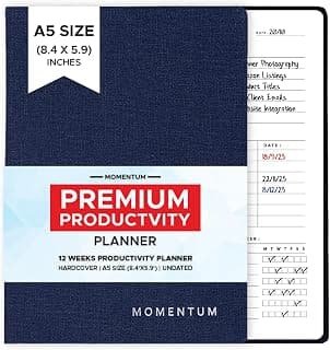 MOMENTUM 2026 Undated A5 Productivity Planner Journal– 192 Pages Daily, Weekly & Monthly Organizer with Motivational Stickers & Postcards| Study Planner for Students, Office & Personal Use (Navy Blue)