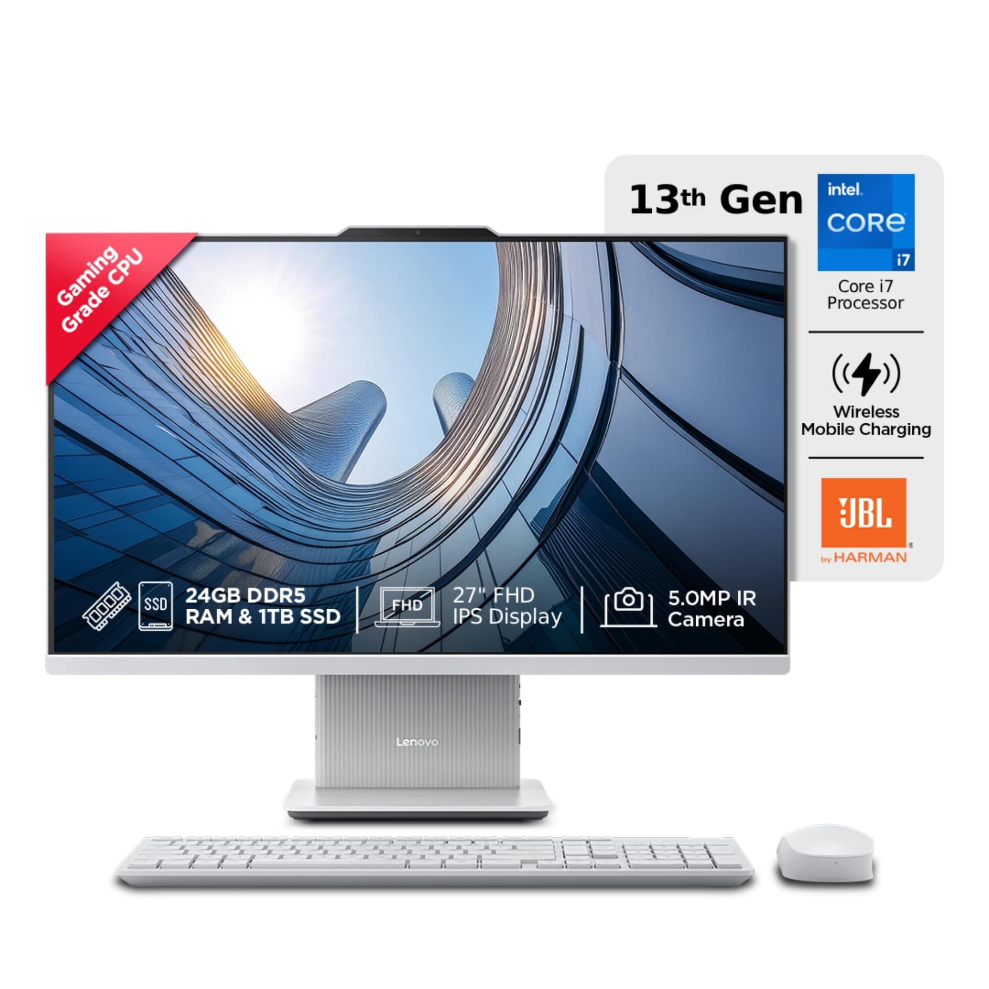 Lenovo IdeaCentre AIO Intel Core i7-13620H 24" FHD (24GB RAM/1TB SSD/Win11/Microsoft 365 Basic + Office Home 2024/Wireless Charging/Wireless EOS Keyboard & Mouse,Grey), F0HN00VBIN All-in-One Desktop