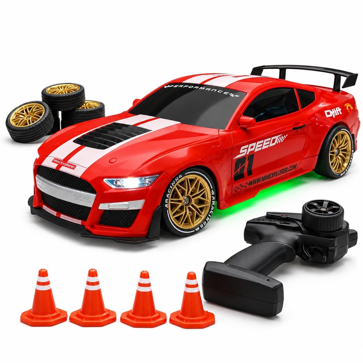 MiniExplorer Ghost RC Drift Car 1:24 Scale 4WD | 20KM/H High-Speed Remote Control Car with LED Lights | 2.4GHz Rechargeable Drift Racing Car with Extra Tires & Cones | Birthday Gift | Boys & Girls