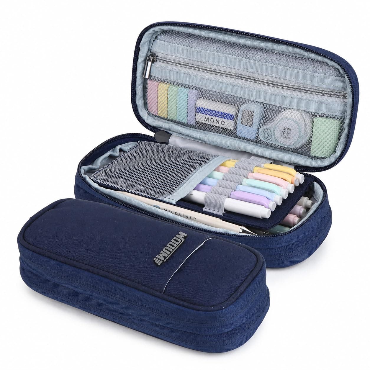 Wooum Expandable Pencil Pouch for Boys & Students | 1 Year Warranty | Large Capacity Pencil Case for School College & Office | Big Stationery Organizer Pen Bag with Mesh Pocket | Blue Pencil Pouch