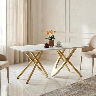 Royaloak Romania Italian Marble Dining Table Six Seater | Premium Marble Top with Rounded Corners, Gold-Finished Intersecting Metal Legs & Contemporary Design | Elegant Dining Table Without Chair