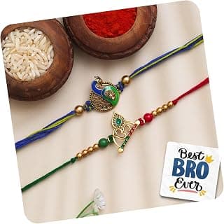 eCraftIndia eCraftIndia Set of 2 Multicolor Om Symbol and Peacock Designer Religious Rakhis with Roli Chawal Pack and Best Bro Ever Fridge Magnet - Rakhi for Brother, Bhaiya, Bhai