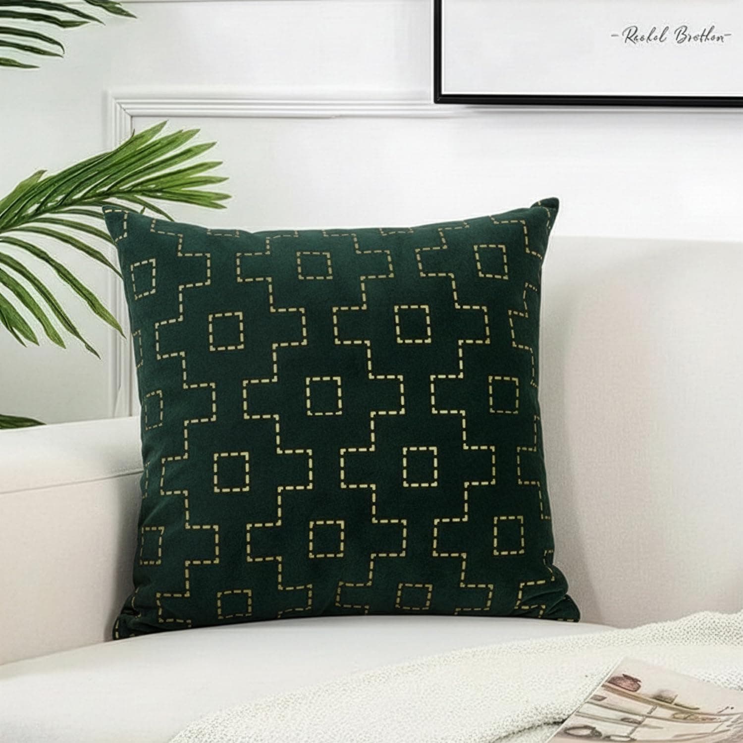 Wakefit Designer Cushion Cover | 16x16 inch | Velvet Foil Print Fabric | Machine Washable | Pack of 1 | Golden Maze | Green Fabric & Golden Print