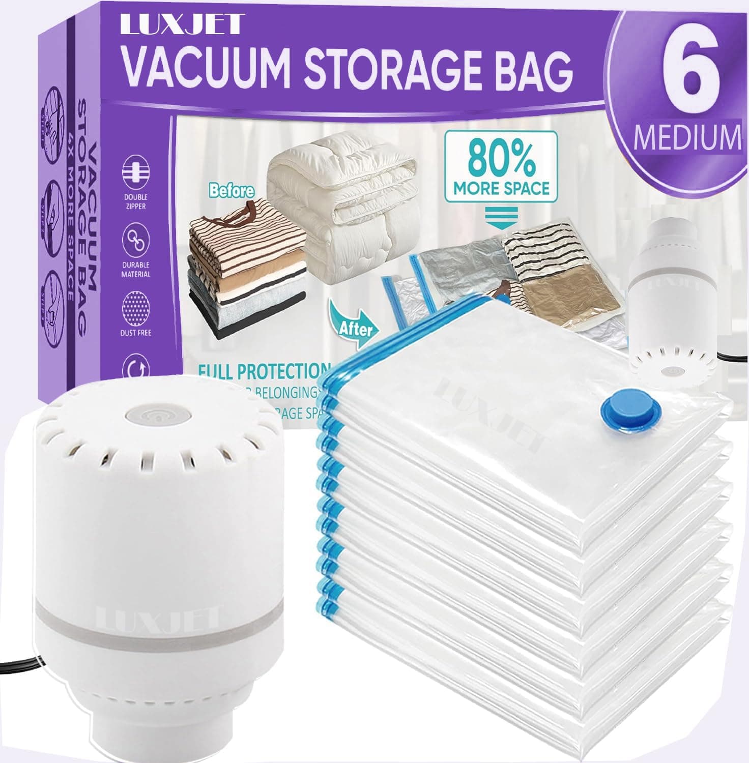 LUXJET 6 Medium Vacuum Bags for Travel with Electric Pump and Hand Pump - Airtight, Reusable Space Saver Compression Storage Bags for Packing,Vaccine Sealer Bags with Ziplock for Blanket