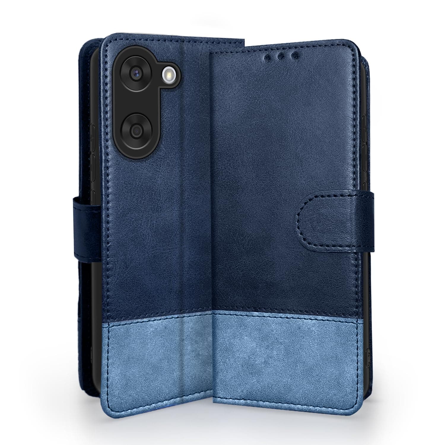 Amazon basics Flip Cover for OnePlus Nord CE 5 5G | Wallet Style & Stand | Dual-Tone PU Leather Finish | Magnetic Flip Case (Navy & Light Blue)