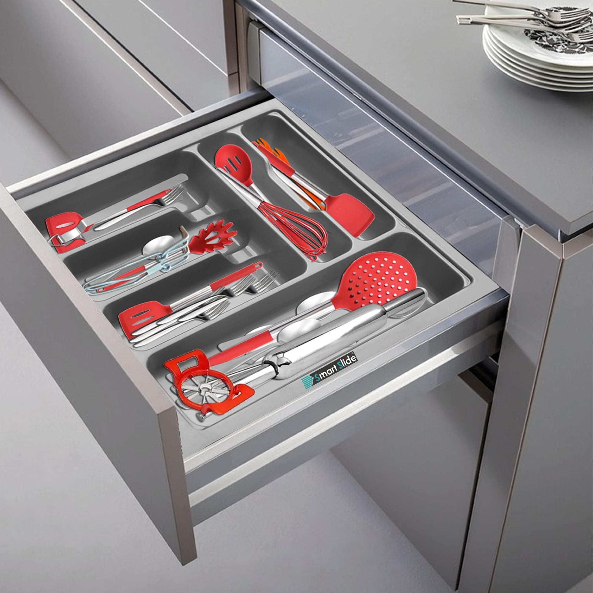SmartSlide PVC Cutlery Tray (17 x 22 Inch, Blue-Green) | Drawer Organizer Insert for Modular Tandem Box & Cabinet Storage | Multi-Compartment Utensil Holder