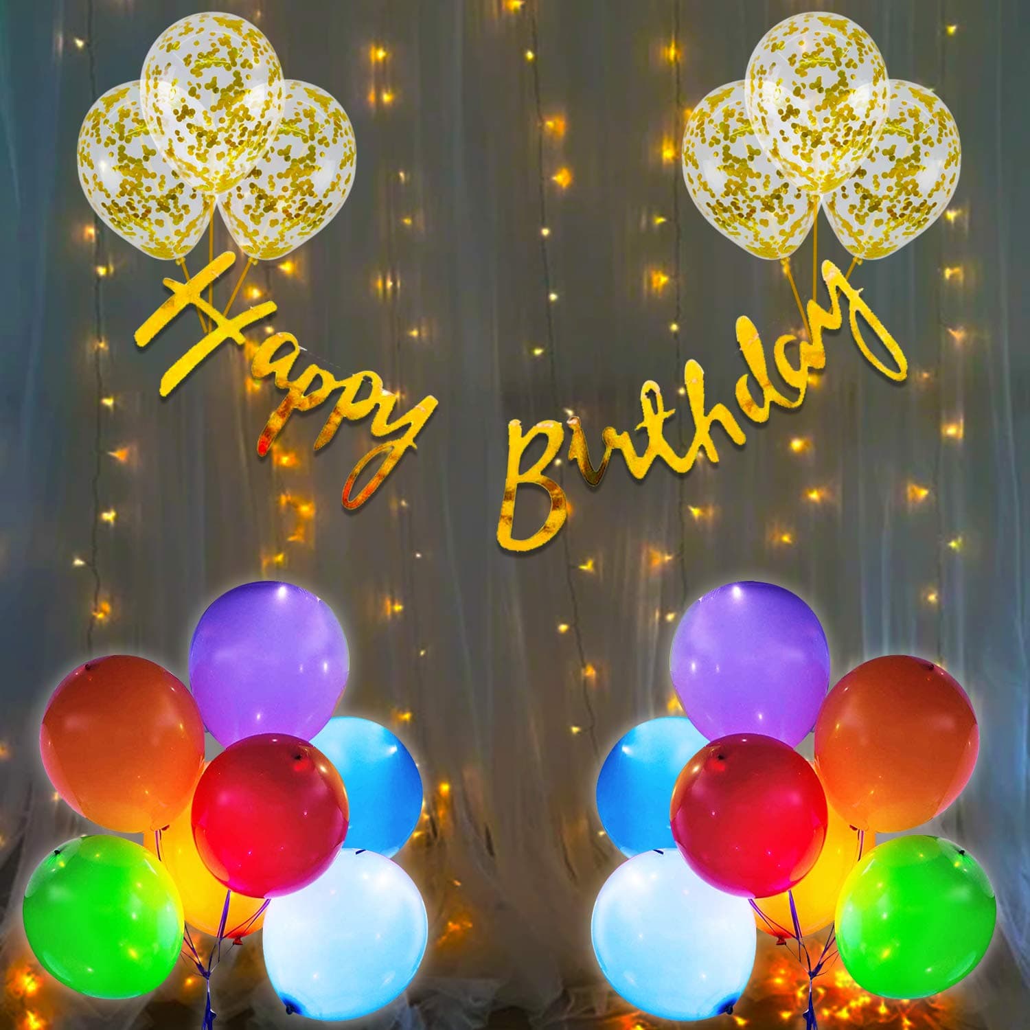 Party Propz Happy Birthday Decoration Kit Combo - 23Pcs Set Bday Banner, Confetti Balloon, Led Balloon with Led Fairy Light for Kids, Husband Girls, Boys Birthday Balloon,Rubber,Multicolor