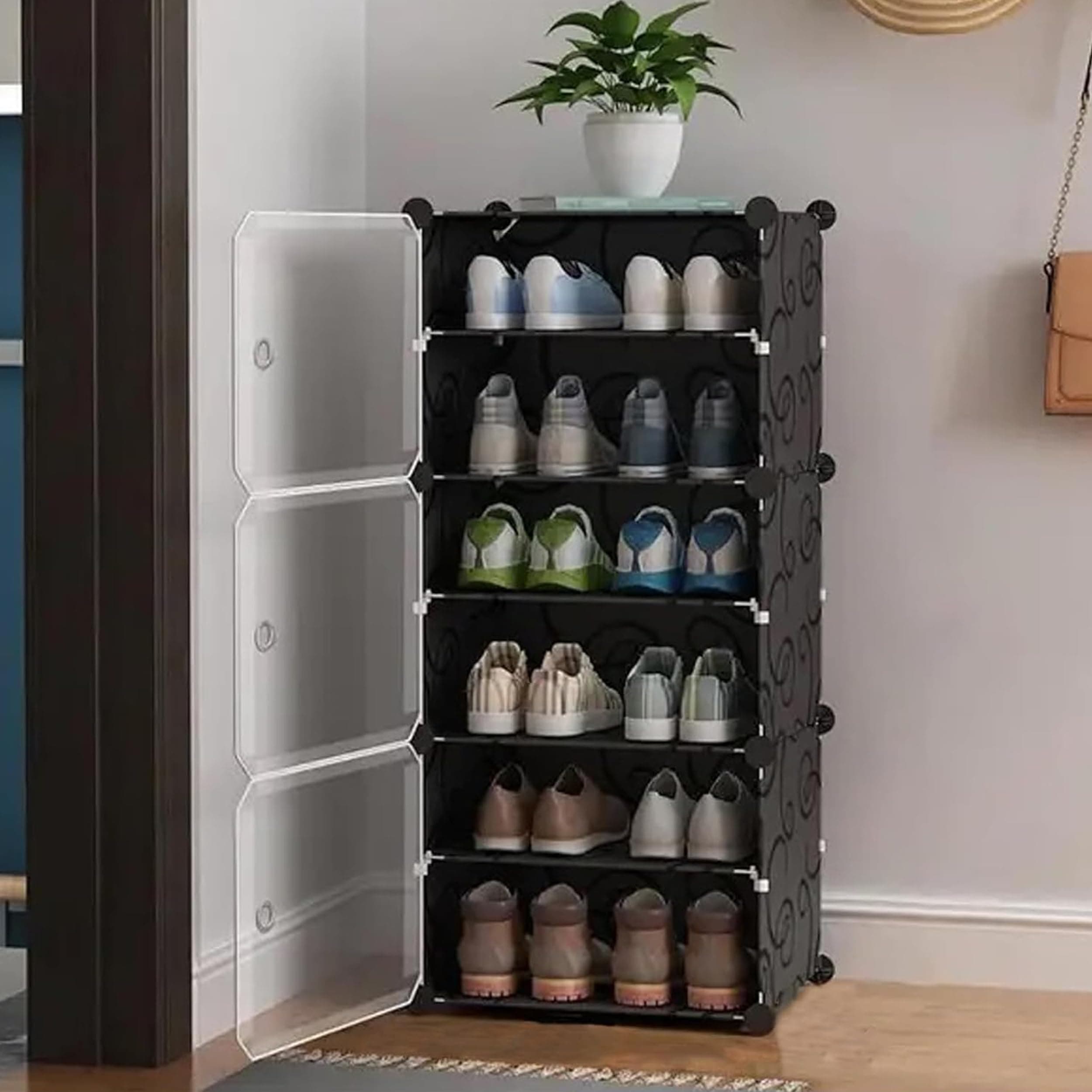 AYSIS 𝟔 𝐓𝐢𝐞𝐫 Shoe Rack for Home with Transparent Doors, Modular Dustproof Shoe Storage Cabinet, Foldable Plastic Space Saving Shoe Stand Organizer for Entryway, Bedroom & Living Room - Black
