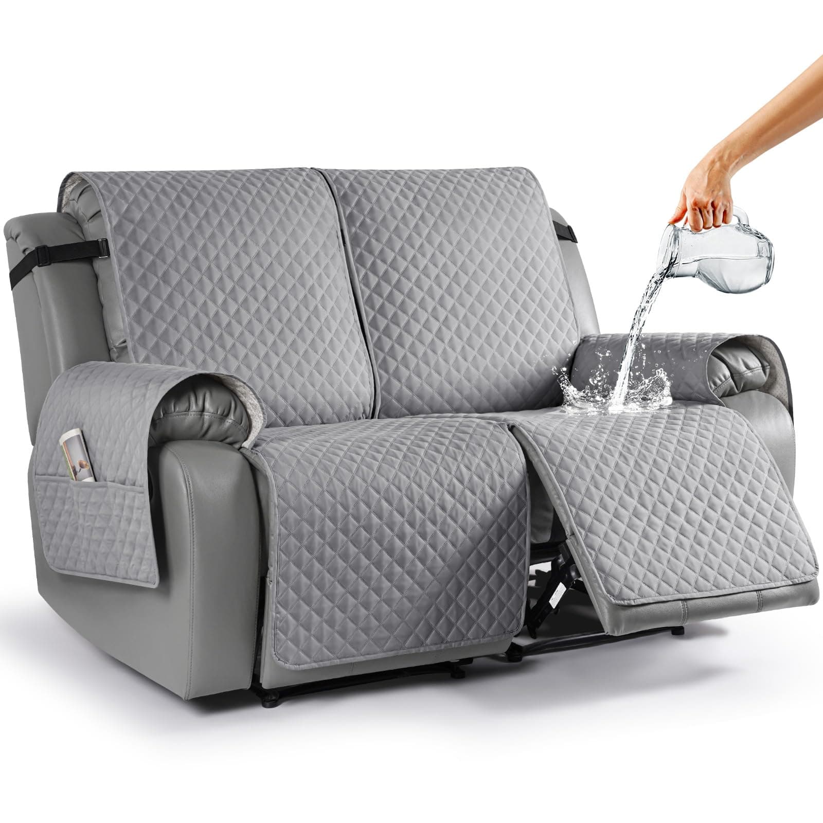 TAOCOCO Loveseat Recliner Slipcover, Non-Slip Pet Cover for Reclining Loveseat with Elastic Straps, Washable Recliner Furniture Protector (2 Seater, Light Gray)