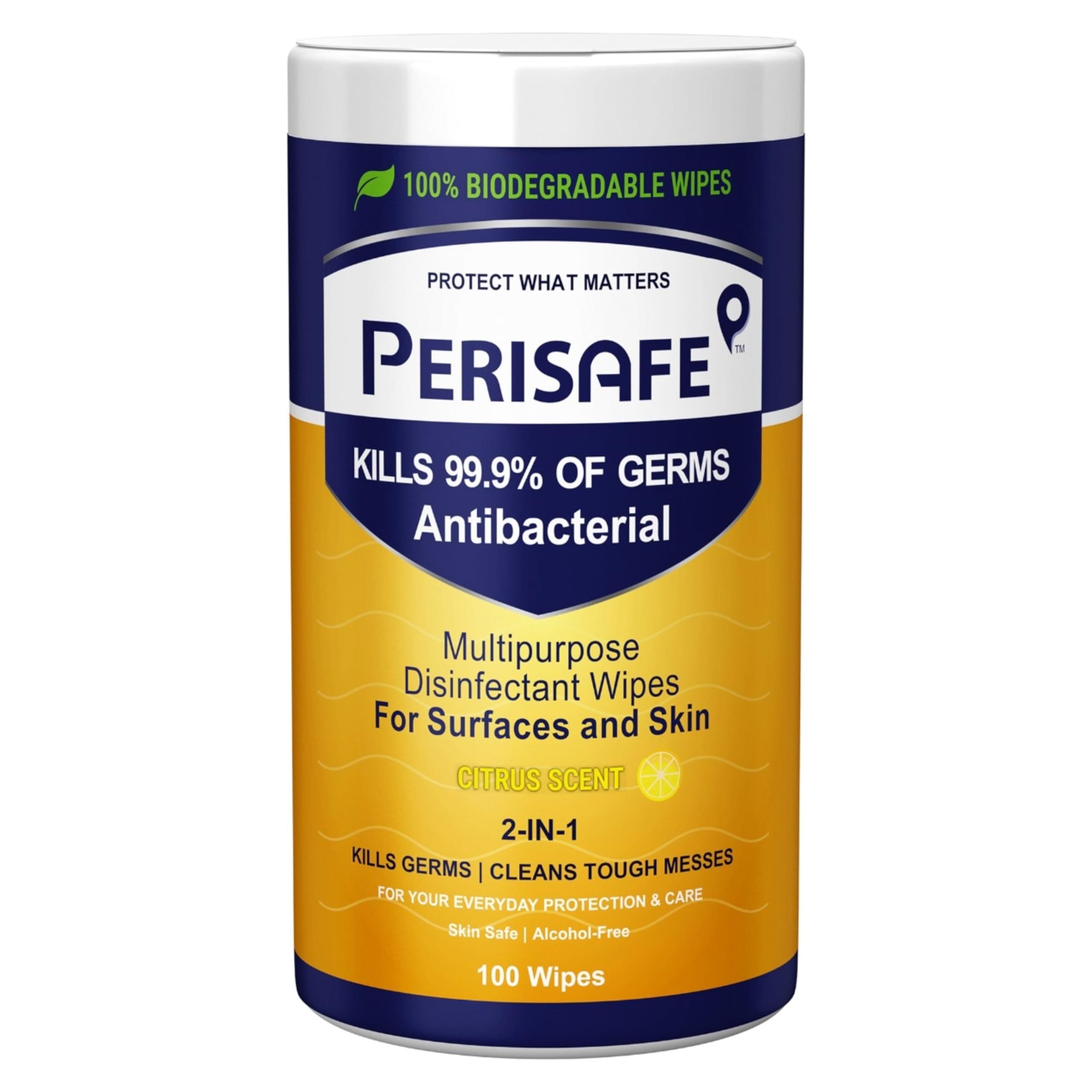PERISAFE Multipurpose Disinfectant Wipe For Surfaces & Skin-100 Wipes | 100% Biodegradable Wipes | Antibacterial | 2-IN-1- Kills Germs & Cleans Tough Messes