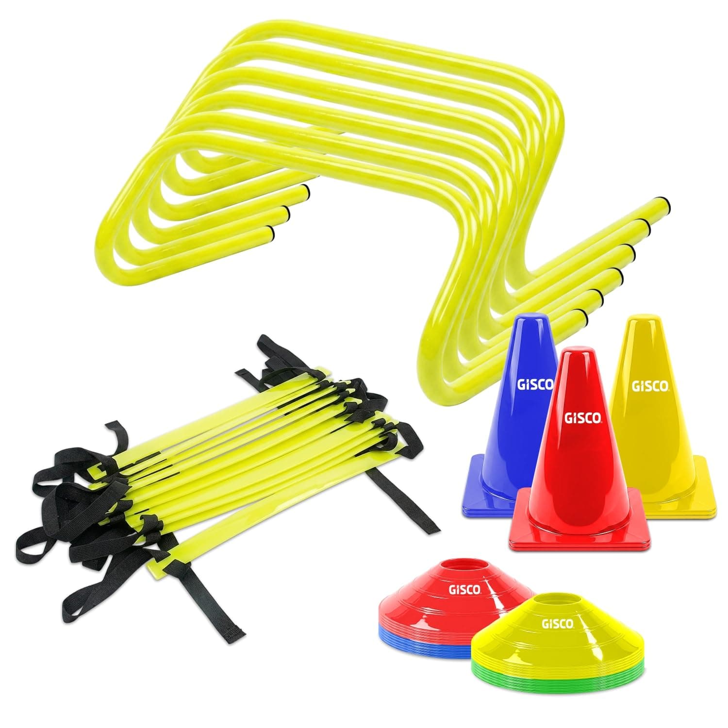 GISCO Speed and Agility Soccer Training Kit, Including 6" Hurdles - 6Pcs + 4 M Agility Ladder - 1 Piece + 6" Marker Cone - 6 Pcs + Space Marker -20 Pcs