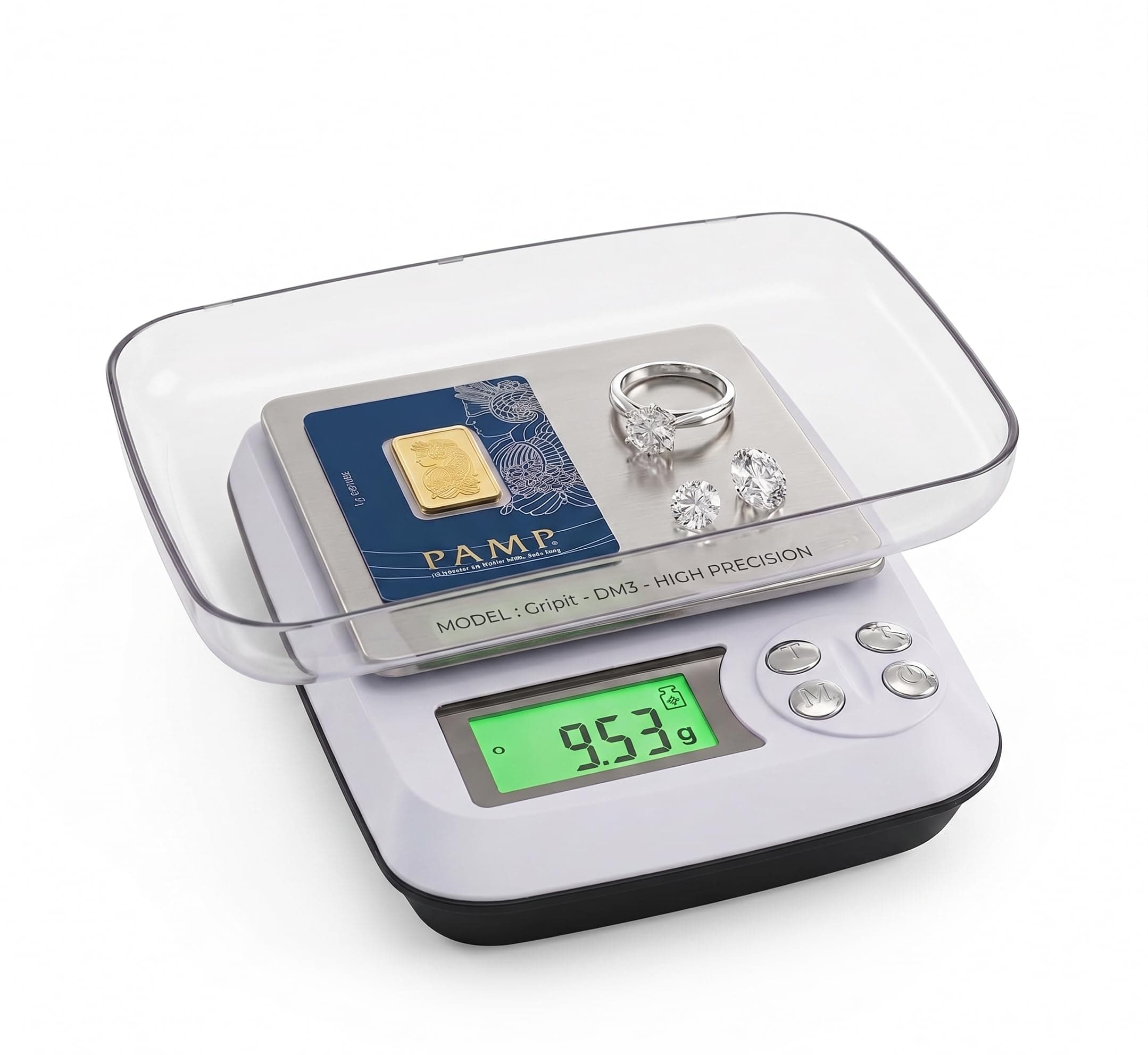 Gripit Jewellery Weighing Scale 1000g x 0.01g – High Precision Digital Gold Weight Machine with Backlit LCD Display for Shops, Labs & Kitchens, Stainless Steel Platform (White)