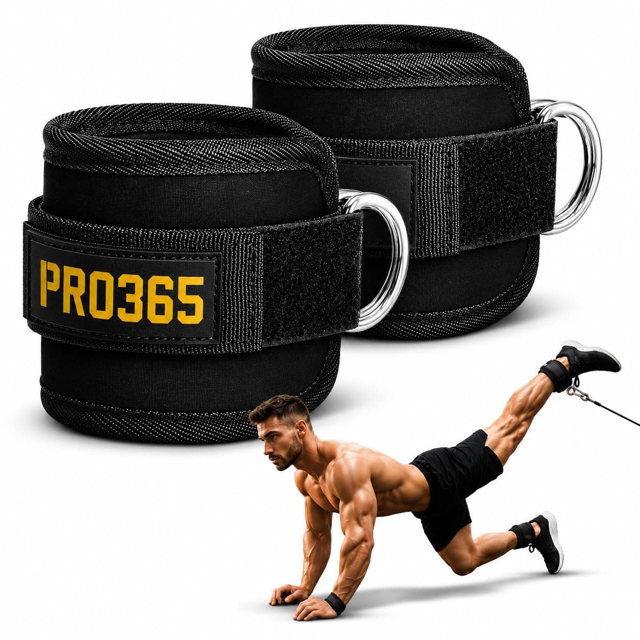 PRO365 Ankle Straps for Cable Machine Gym | Adjustable Padded Ankle Cuff for Kickbacks, Glute Workout, Leg Extension & Curl | Heavy Duty D-Ring Fitness Attachment (Pair)
