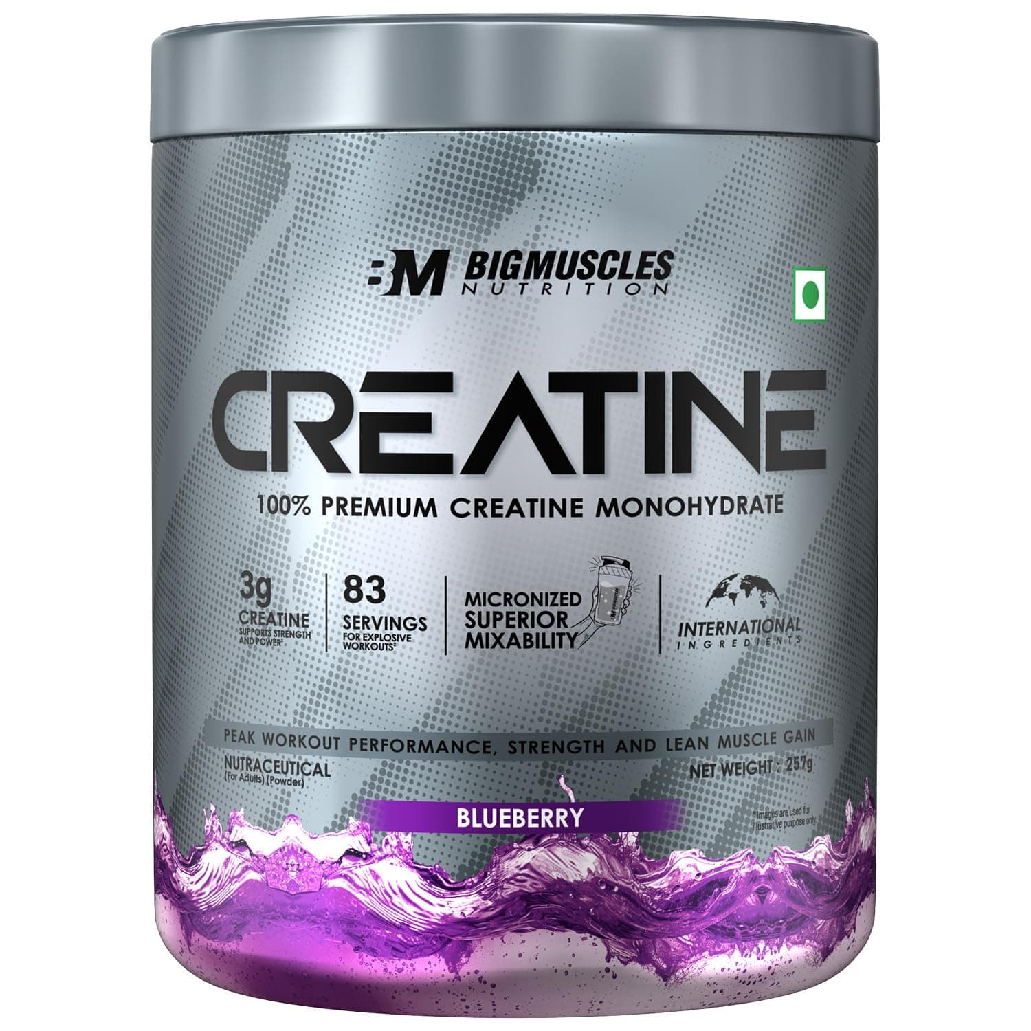 Bigmuscles Nutrition Creatine [257 G,83 Servings]|Blueberry|Micronized Creatine Monohydrate To Support Lean Muscle Repair & Recovery,Powder,1 Count