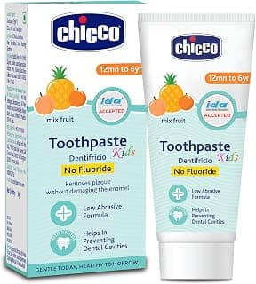 Chicco Toothpaste for Kids Mix Fruit Flavour 50g (1-6 Years) | Fluoride-Free & Low Abrasive | Removes Plaque, Helps Prevent Cavities | IDA Accepted