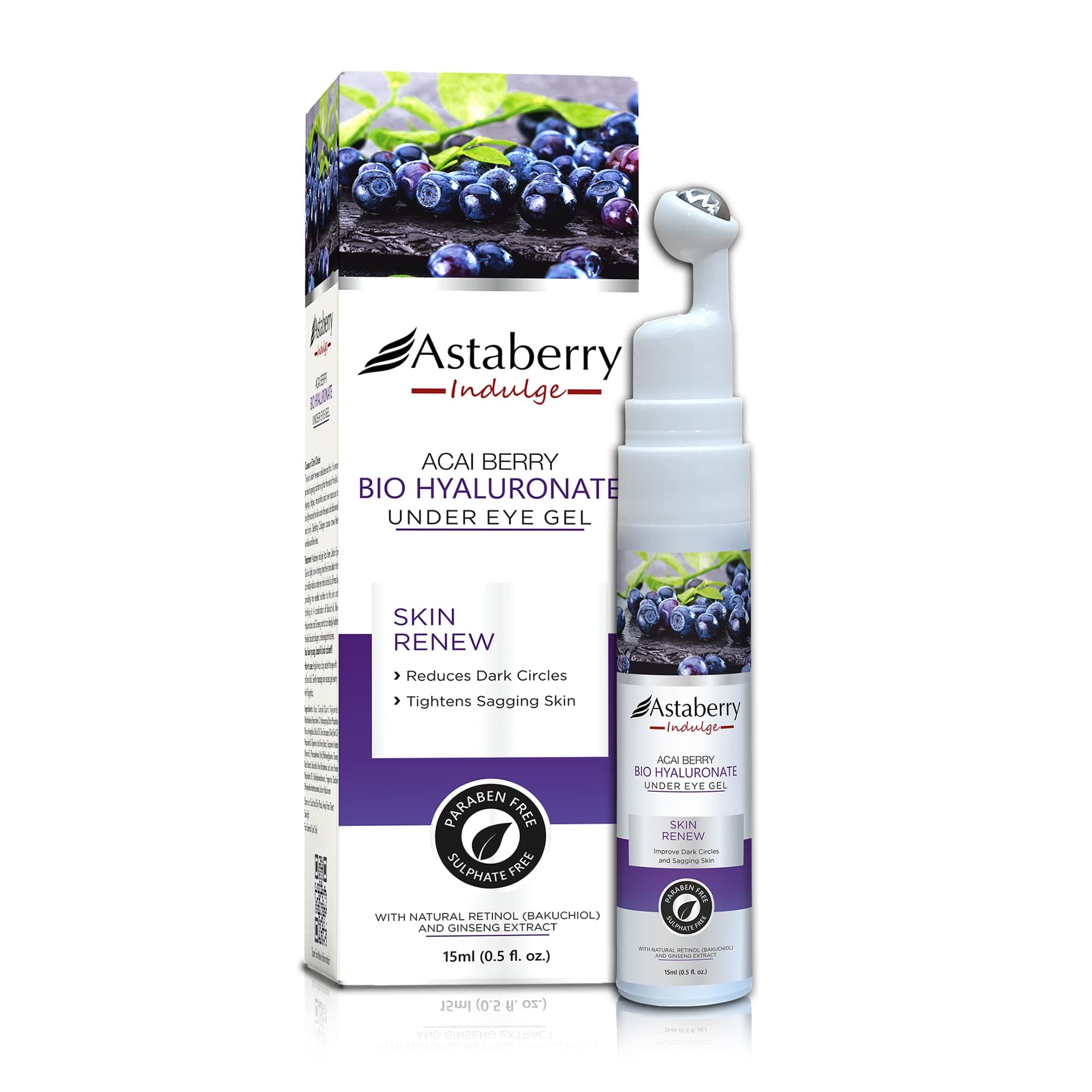 Astaberry Indulge Acai Berry Bio Hyaluronate Under Eye Gel 15ml Helps Reduce Visible Appearance of Dark Circles Wrinkles and Fine Lines | Hydrates