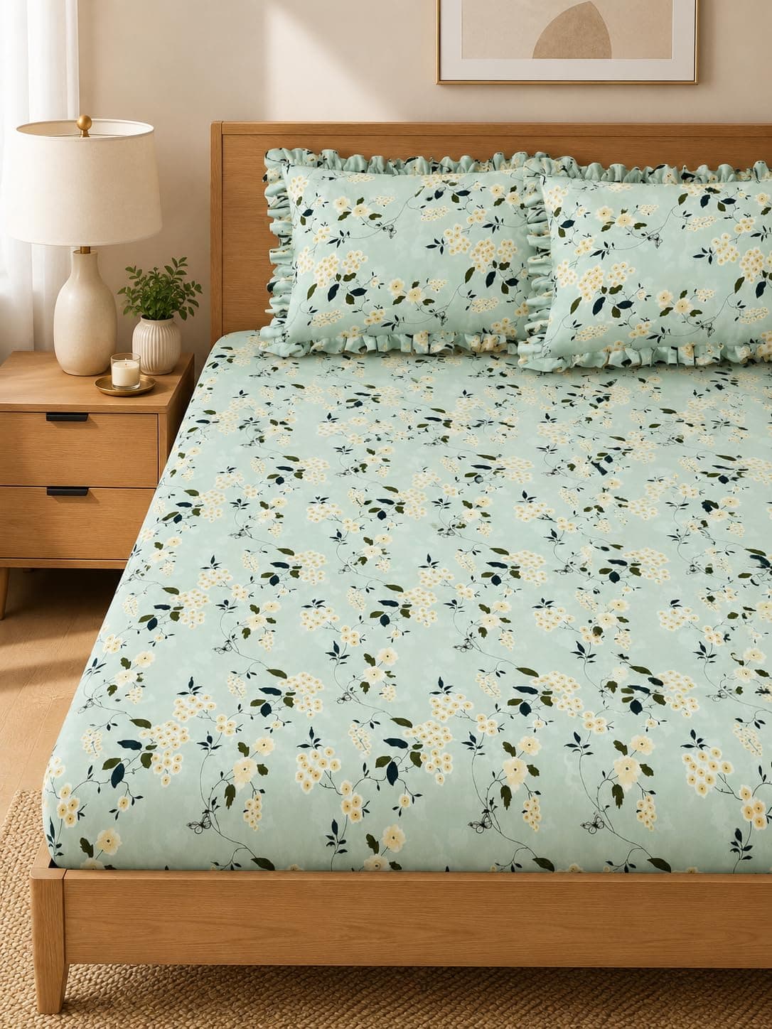 Homivya® King Size Fitted Bedsheet with 2 Frill Pillow Covers|300 TC Microfiber Bedsheet for Double Bed|Soft Cotton Feel|All Around Elastic|Breathable & Wrinkle Free (GreenLeafFrill, Queen Size-60x78)