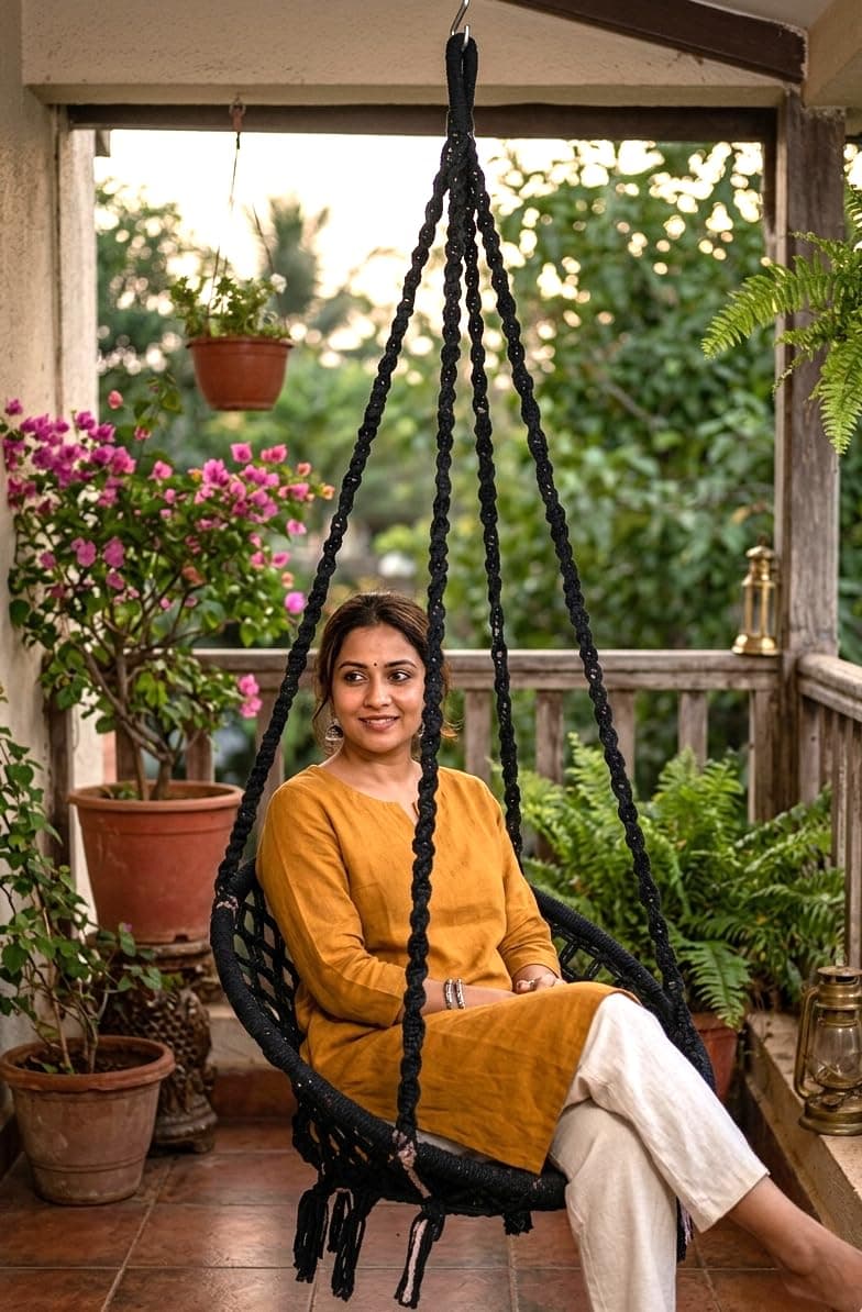 Patiofy Swing For Adults For Home/Swing For Adults/Jhula For Adults/Wooden Swing For Living Room/Swing For Balcony/Cotton Round Hammock Hanging Swing Chair With Hanging Kit Black, 66 Cm, 45 Cm, 148 Cm