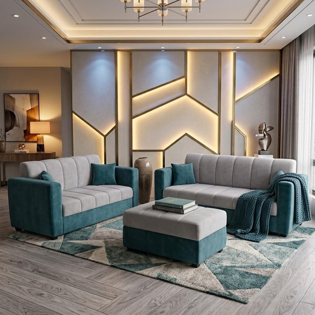 Alvaro Livewell 5 Seater Fabric Sofa Set with Ottoman,3+2 Seater Velvet Finish Upholstered Sofa for Living Room, Modern Couch for Home & Office, Space Saving Furniture - Light Grey & Ocean Green