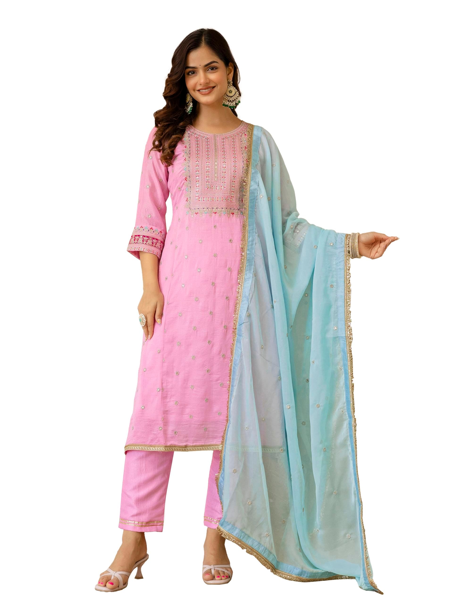 TRENDMALLS Women's Art Silk Embroidery work A line Kurta Pant Set with Dupatta Kurta Set for Women