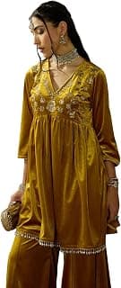 Women Velvet Embroidered Peplum Top With Palazzos