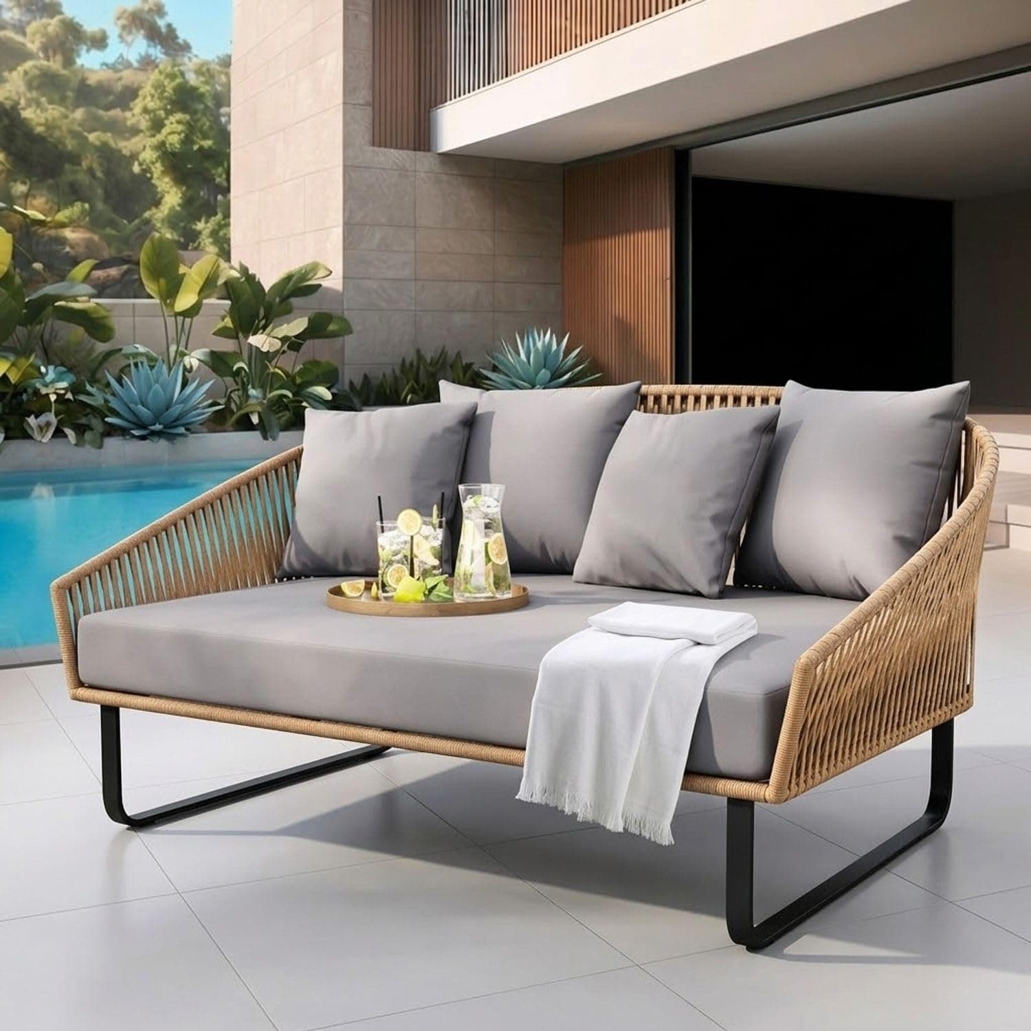 DEVOKO Outdoor Patio Wicker Daybed Round Sofa Sun Bed Swimming Pool Side Sun Lounger for Garden, Terrace, Balcony, Rattan Daybed (Beige & Grey)