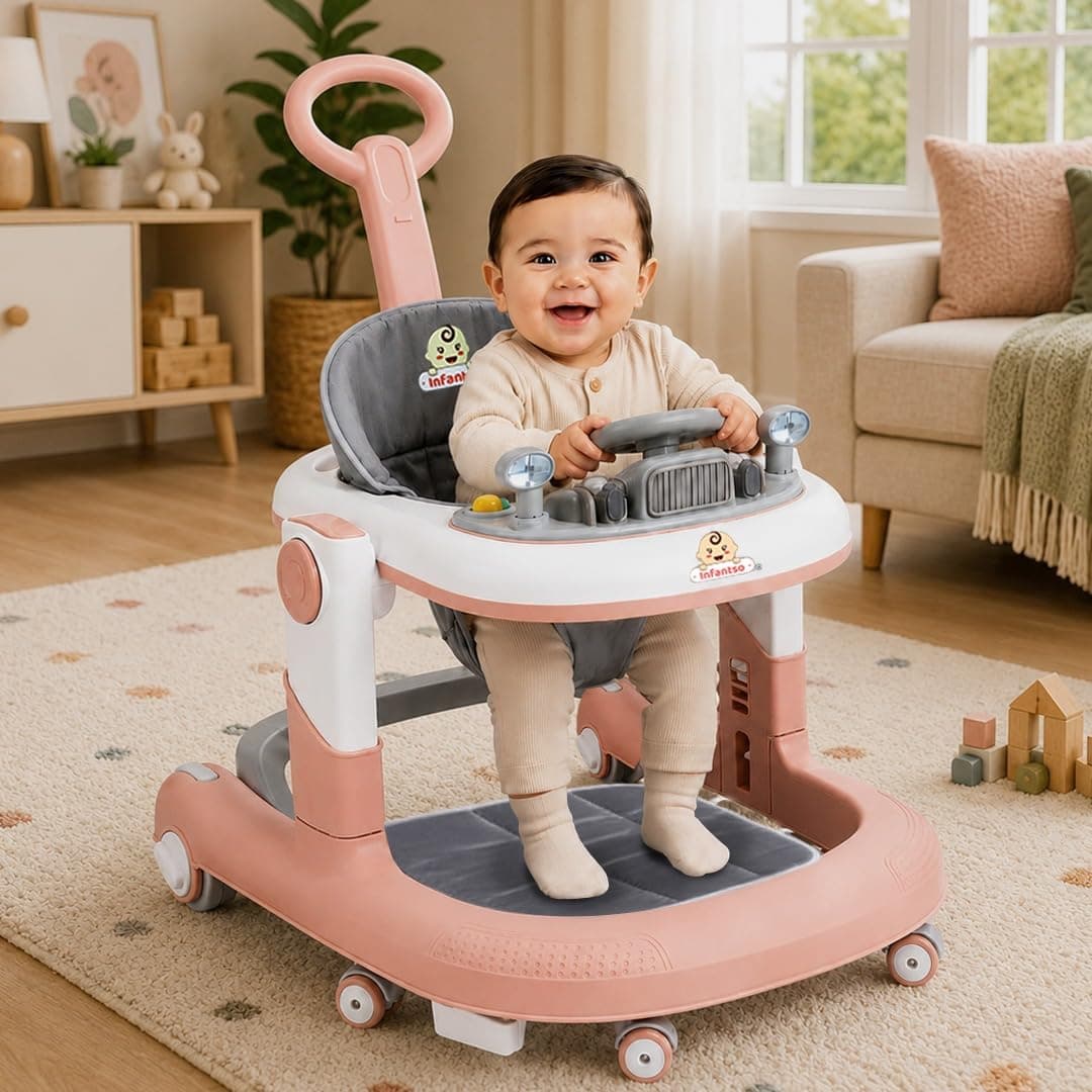 Infantso Vibe & Drive (4-in-1) 360° Premium Baby Walkers for 6-24 Months, Push Walker with Height Adjustment, Switchable Food-Toy Tray/Baby Activity Walker for Kids with Bouncer, Brake-Speed Control