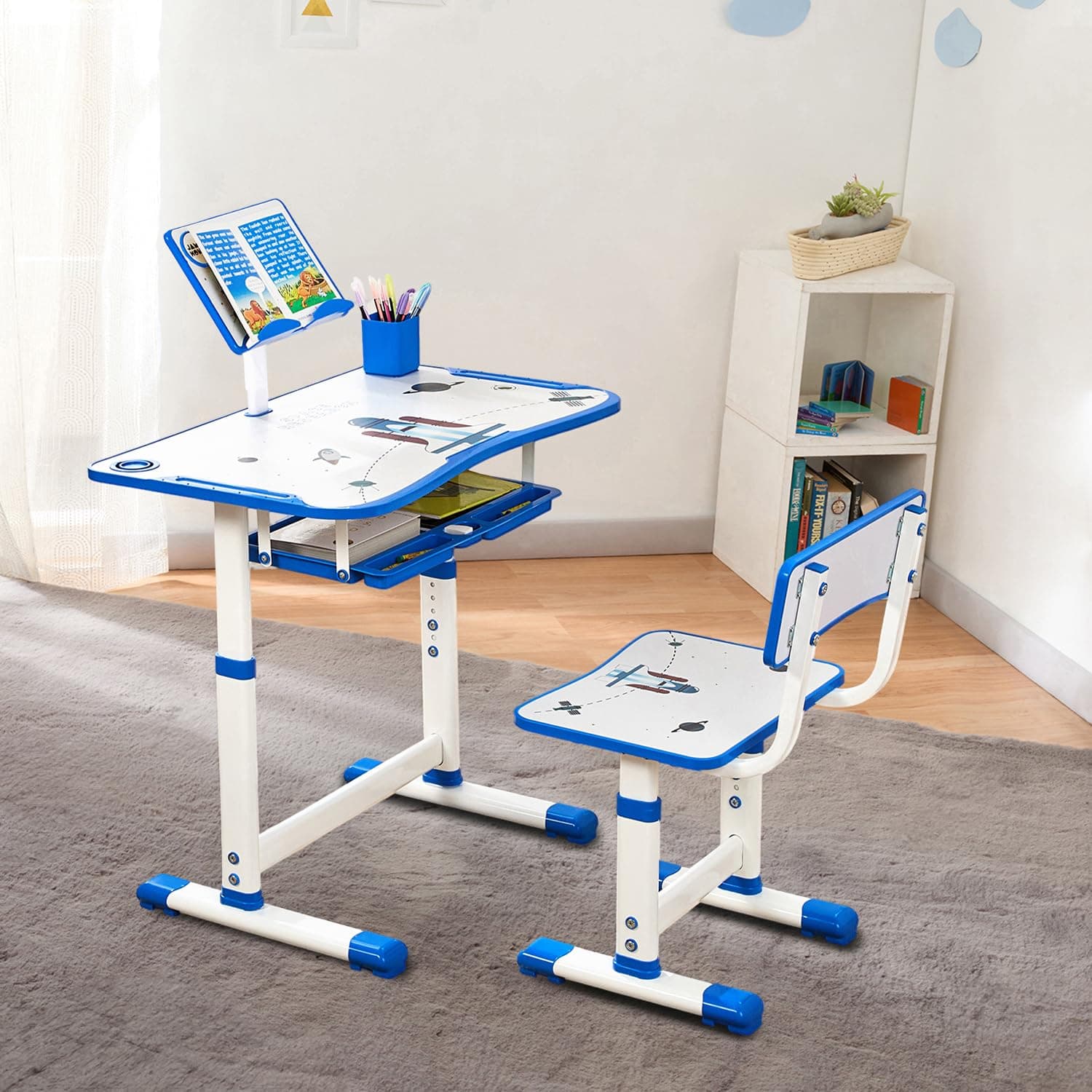 Amazon Brand - Jam & Honey Kids Functional Desk and Chair Set, Height Adjustable Children School Study Table with Book Holder Slot | Age 3+ Years (Blue) | Iron & Wood