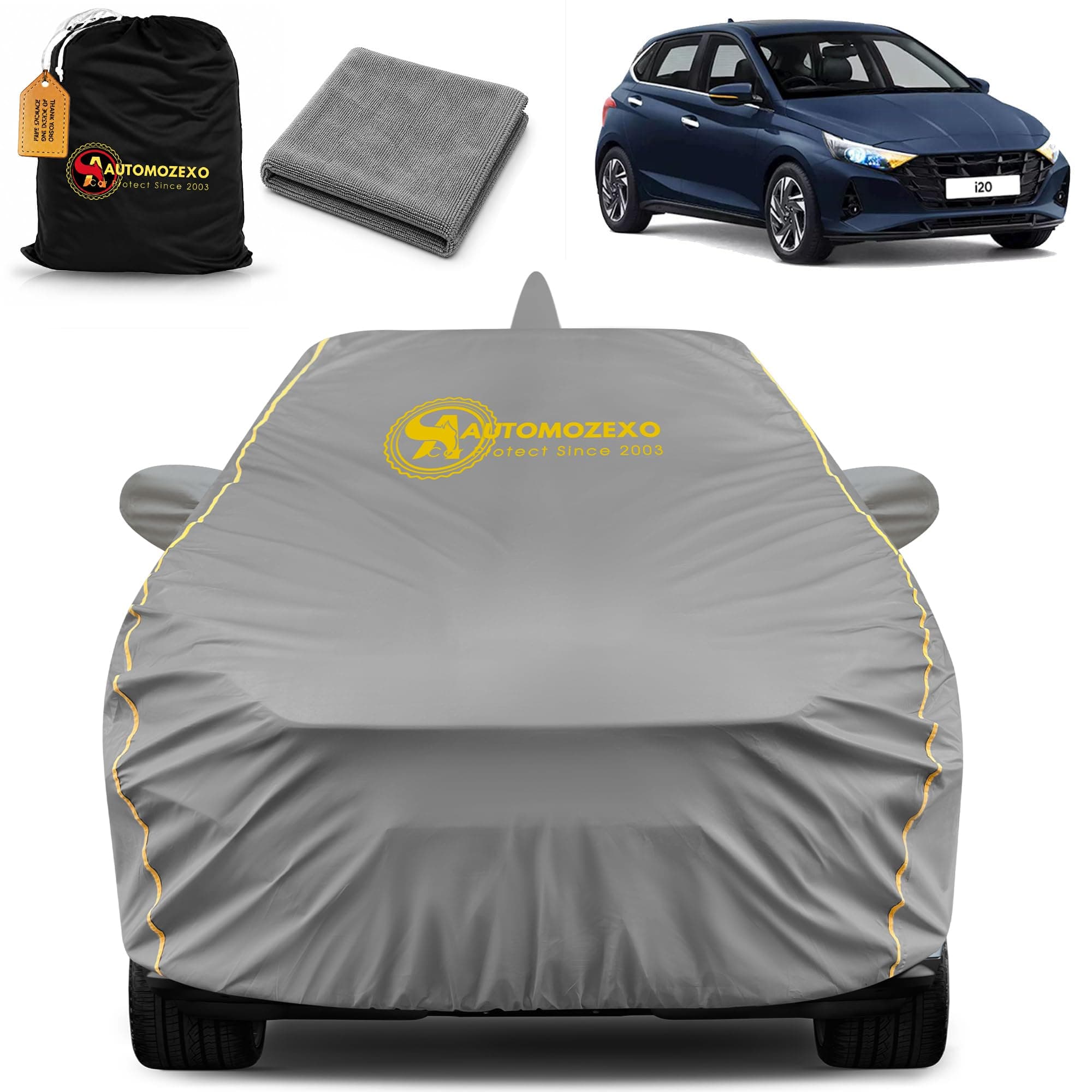 AUTOMOZEXO Hyundai New I20 100% Waterproof Car Cover for All Weather Protection with Mirror & Antena Pocket Inner Cotton Triple Stitched Cover with Adjustable Belt Bottom Elastic to Secure Fit -Grey
