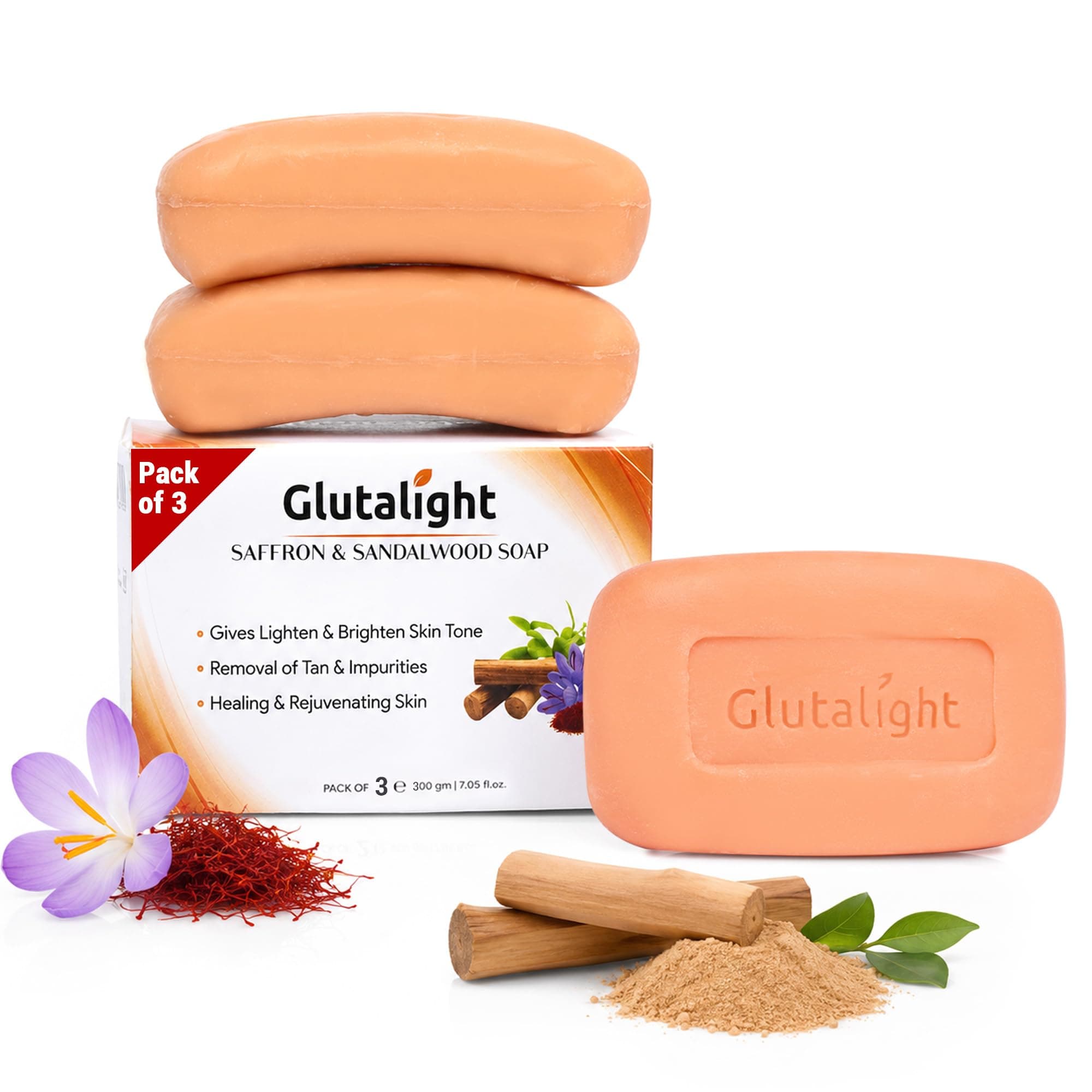 Glutalight Glutathione Saffron & Sandalwood Soap - Tan Removal, Pack of 3