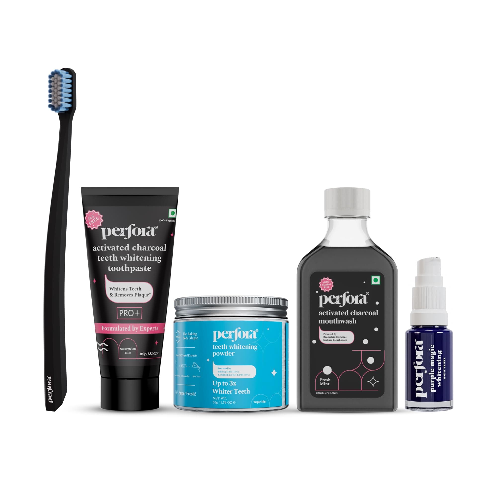 Perfora Charcoal Teeth Whitening Combo - Activated Charcoal Toothpaste, Purple Magic Whitening Serum, Alcohol Free Mouthwash, Mint flavoured Teeth Whitening Powder & Black Toothbrush