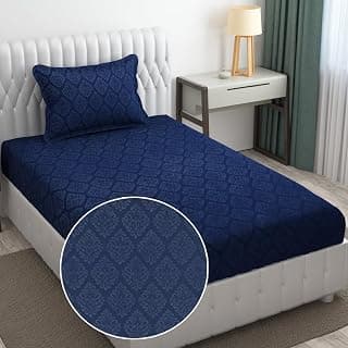 FRESH FROM LOOM Hypoallergenic Rotary Printed Double Bedsheet - Single Bedsheet, Microfiber, Wrinkle Free with 1 Pillow Covers (60 X 90 Inches | Navy Blue, Damas Design), 144 TC