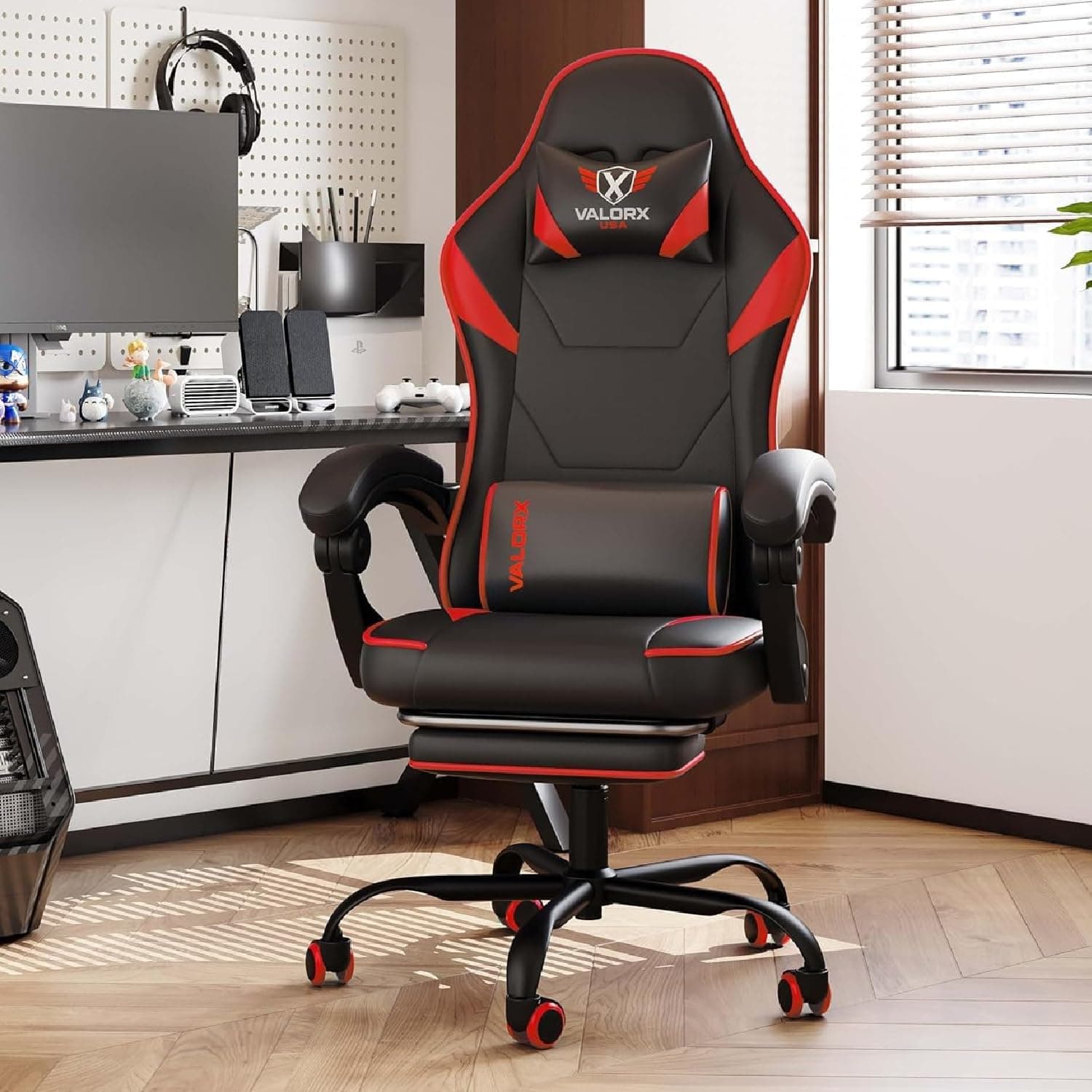 ValorX USA Striker 2026 Edition | Ergonomic Gaming & Office Computer Chair | Premium PU Leather | Dual Massager Back Support | Adjustable Neck & Lumbar Pillow | Ergo Sync Armrests | Footrest (Red)