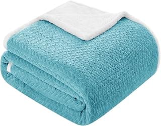 BSB HOME Sherpa Blanket Flannel Blanket –220 x 150 cm, Soft, Plush, Fluffy, Fuzzy, Warm, Cozy Perfect for Couch, Bed, Sofa, Chair - Reversible Blanket AC Blanket Single - Aqua & White